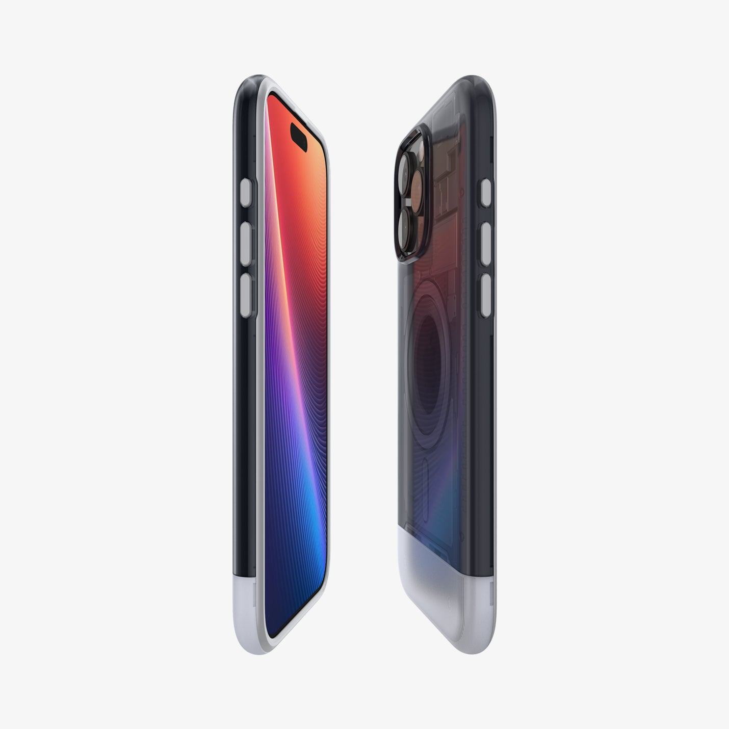Due smartphone in custodie trasparenti sono in mostra. Uno mostra uno schermo colorato, l'altro rivela le lenti della fotocamera. Entrambi su sfondo bianco.