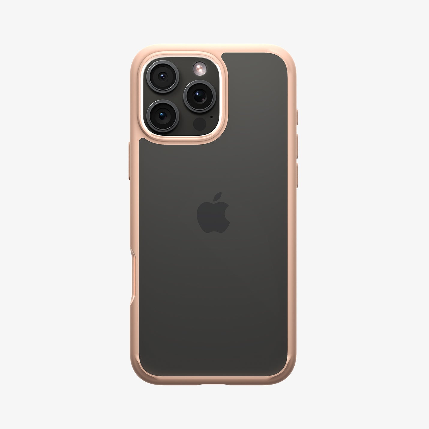Un iPhone con custodia oro rosa, con retro trasparente e tre obiettivi della fotocamera. Il logo Apple è visibile.