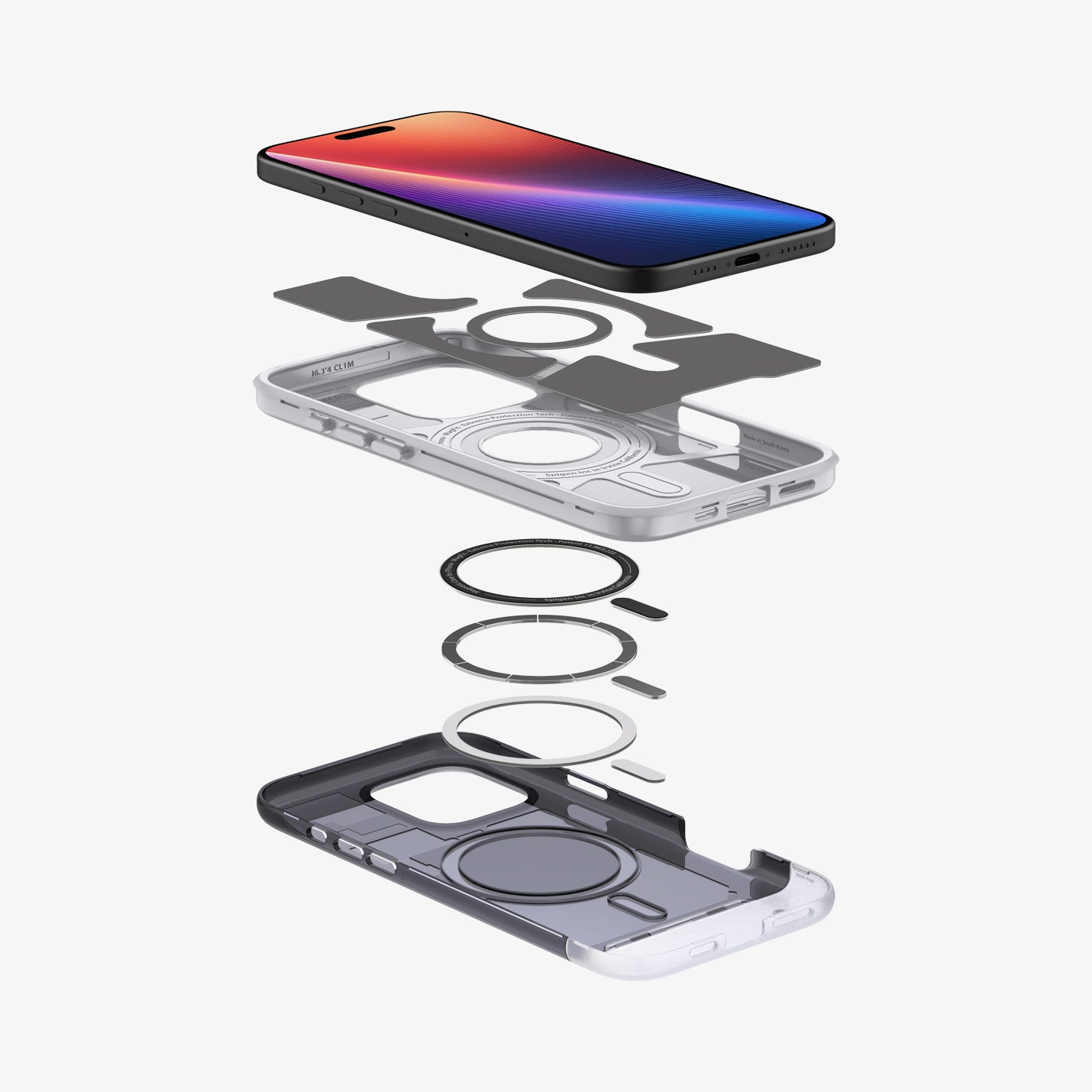 Vista esplosa di un telefono e di una custodia. Il telefono è nero con schermo colorato. I componenti della custodia sono grigi, neri e trasparenti.