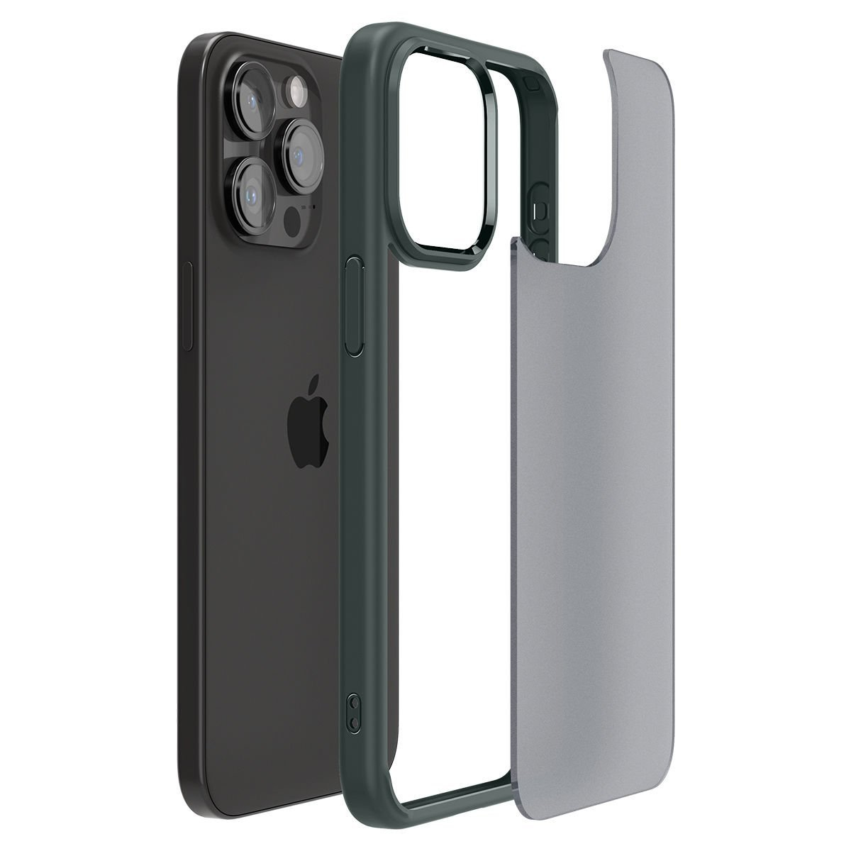 Un iPhone con custodia scura e pannello posteriore grigio separato. La custodia è verde e il telefono ha tre lenti della fotocamera.