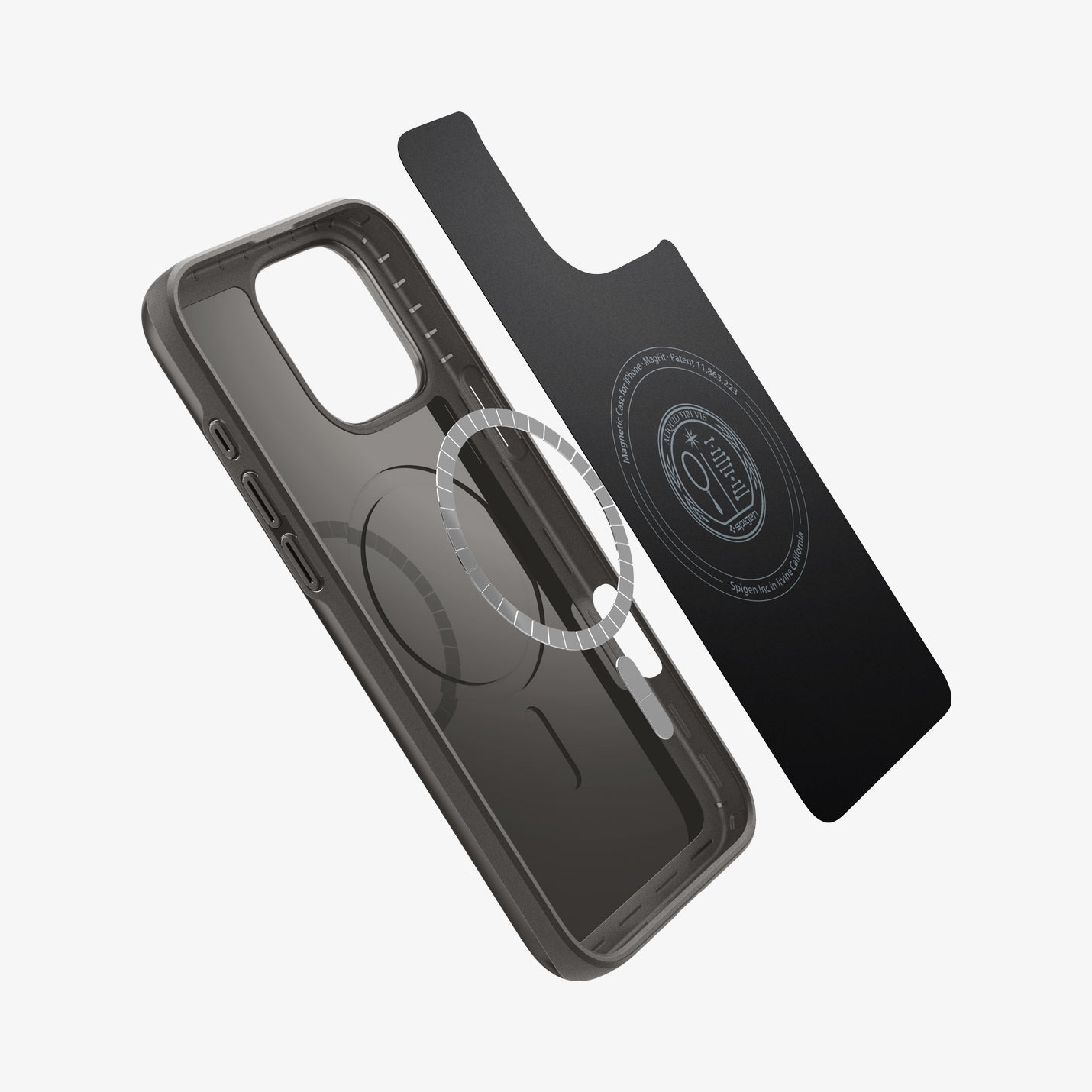 Viene mostrata una custodia per telefono e un inserto nero. La custodia è trasparente con una cornice grigio scuro. L'inserto ha un logo.