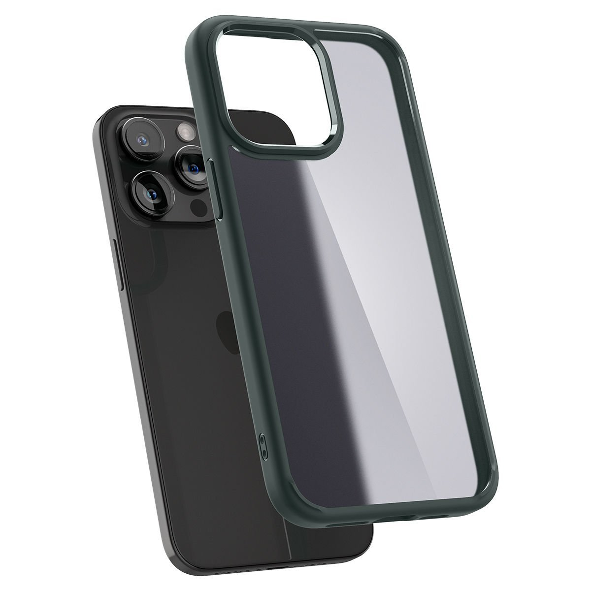 Un iPhone nero con una custodia trasparente è mostrato. La custodia ha un bordo verde scuro. Le lenti della fotocamera del telefono sono visibili.