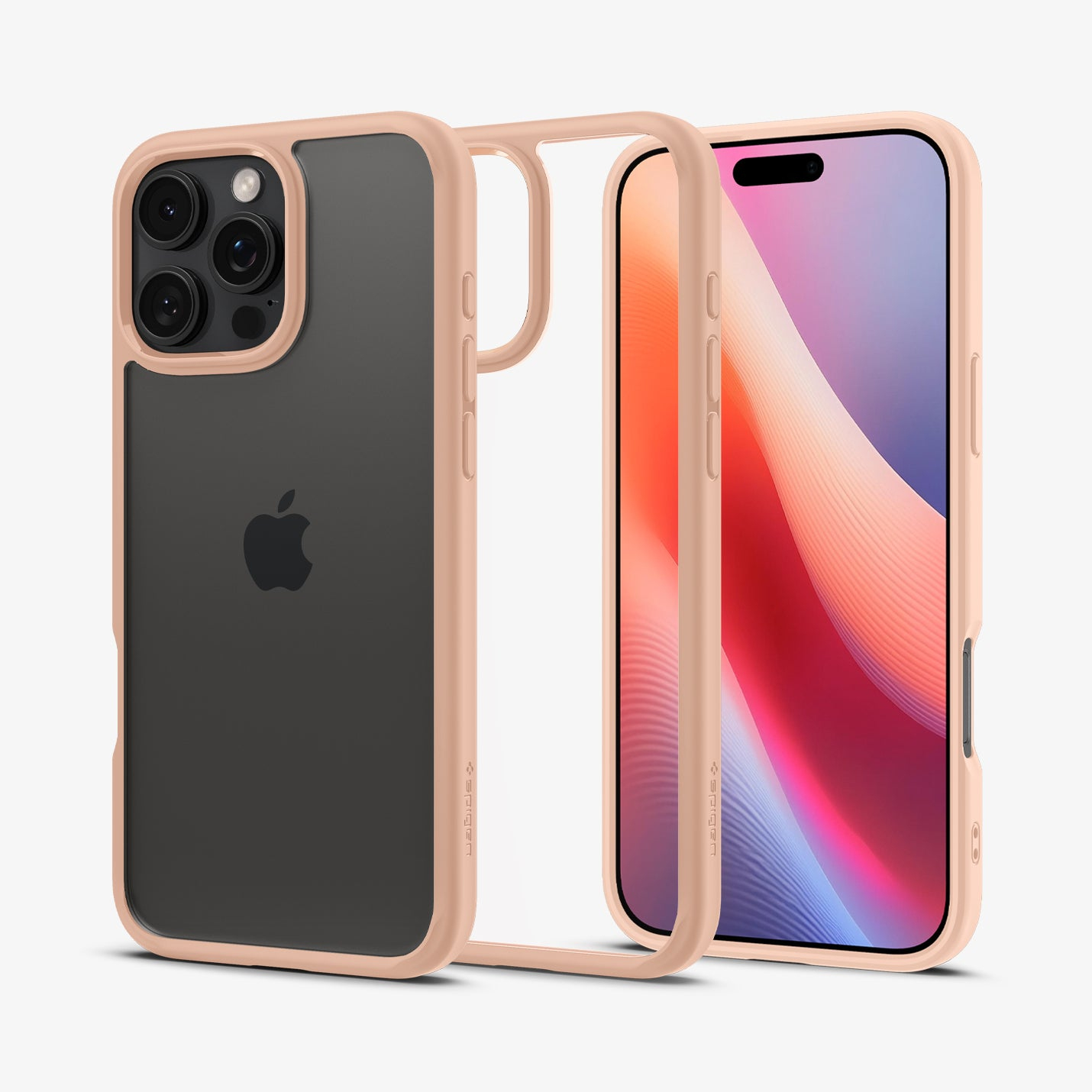 Un iPhone con una custodia trasparente, che mostra lo schermo. La custodia è rosa-beige, lo schermo ha uno sfondo colorato.