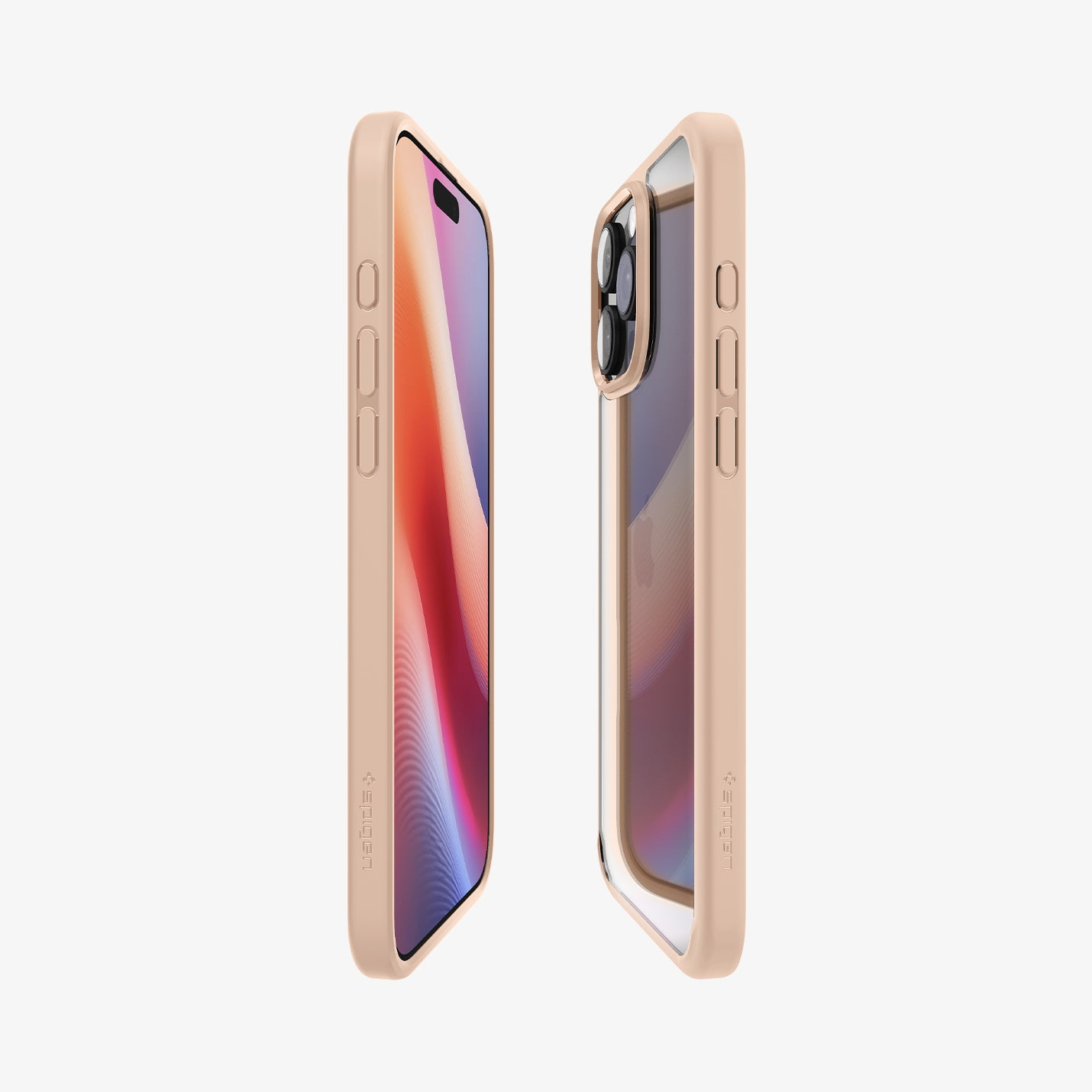 Due custodie per iPhone, una solida, una trasparente, entrambe color pesca, che mostrano il profilo laterale, su sfondo bianco.