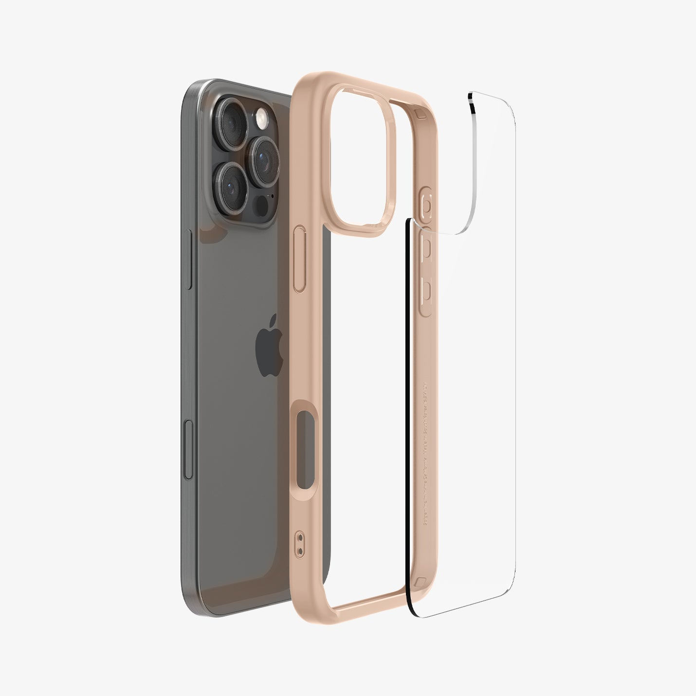 Un iPhone con custodia protettiva e protezione schermo. Il telefono è grigio, la custodia è beige e la protezione schermo è trasparente.