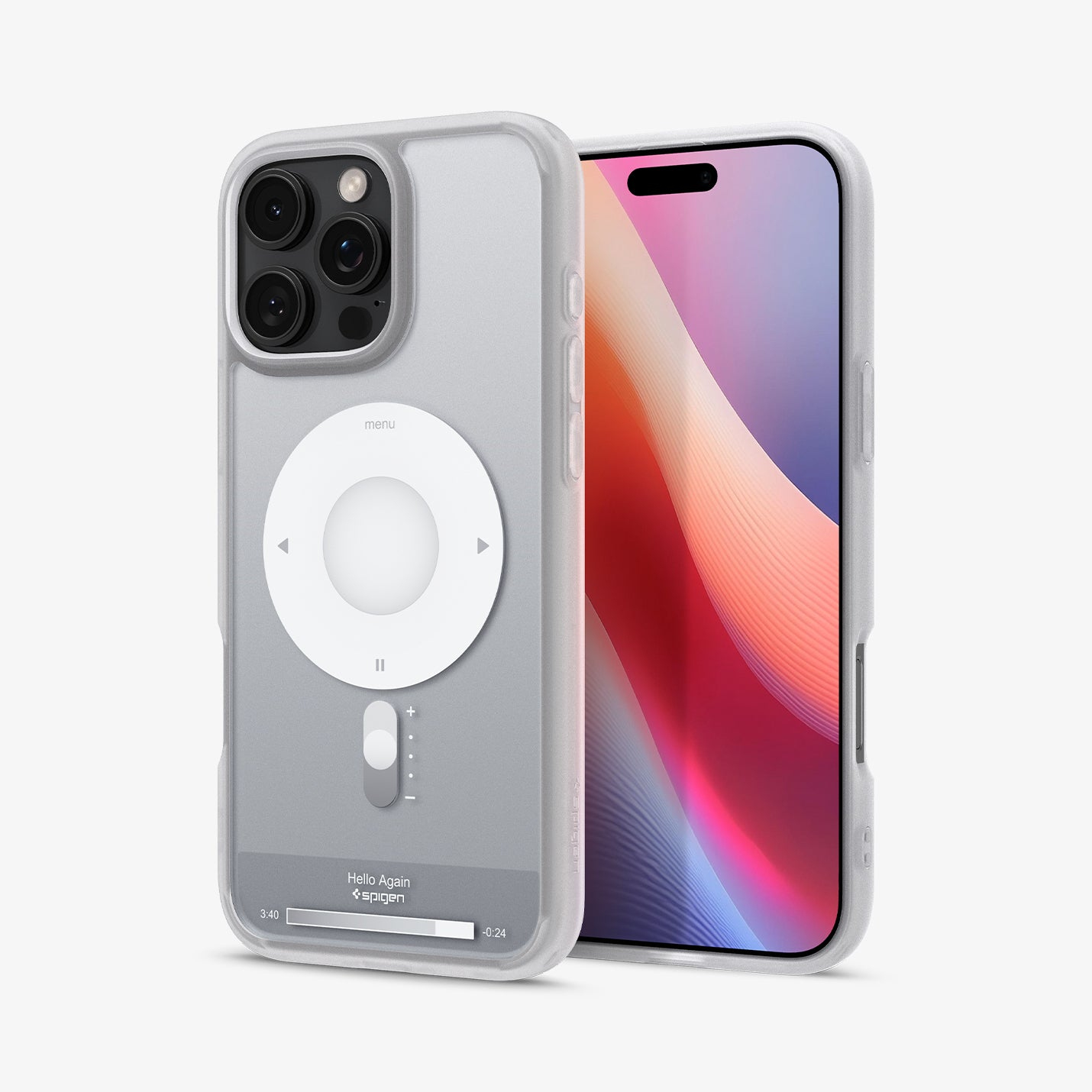 Due iPhone con custodie trasparenti. Uno ha un'interfaccia di lettore musicale sul retro. L'altro mostra uno schermo colorato.