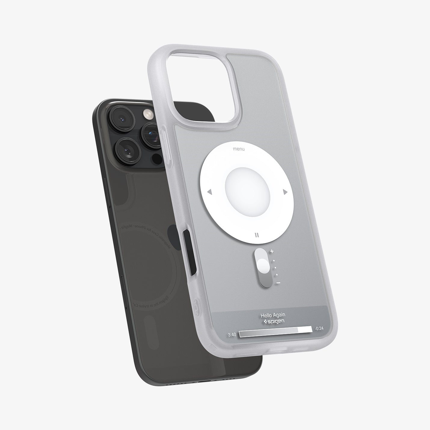 Un iPhone nero con custodia grigio chiaro. La custodia ha un design simile a un iPod. Il telefono ha una fotocamera a tre lenti.