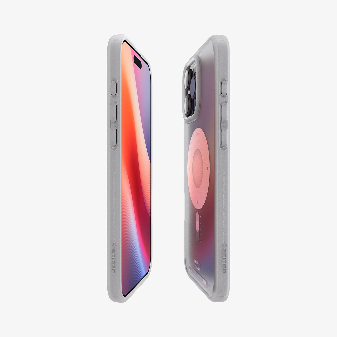 Sono mostrati due iPhone in custodie protettive. Uno mostra uno schermo colorato. Le custodie sono grigie, con il logo Spigen.