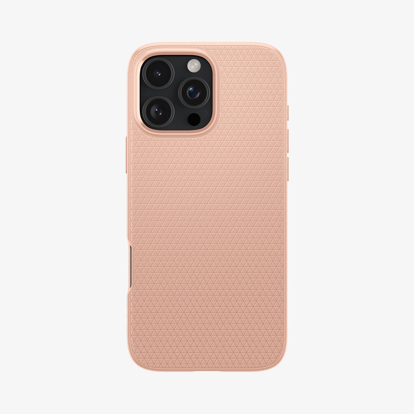 Primo piano di una custodia per telefono color rosa-beige. La custodia ha una superficie strutturata con un motivo geometrico e tre obiettivi.