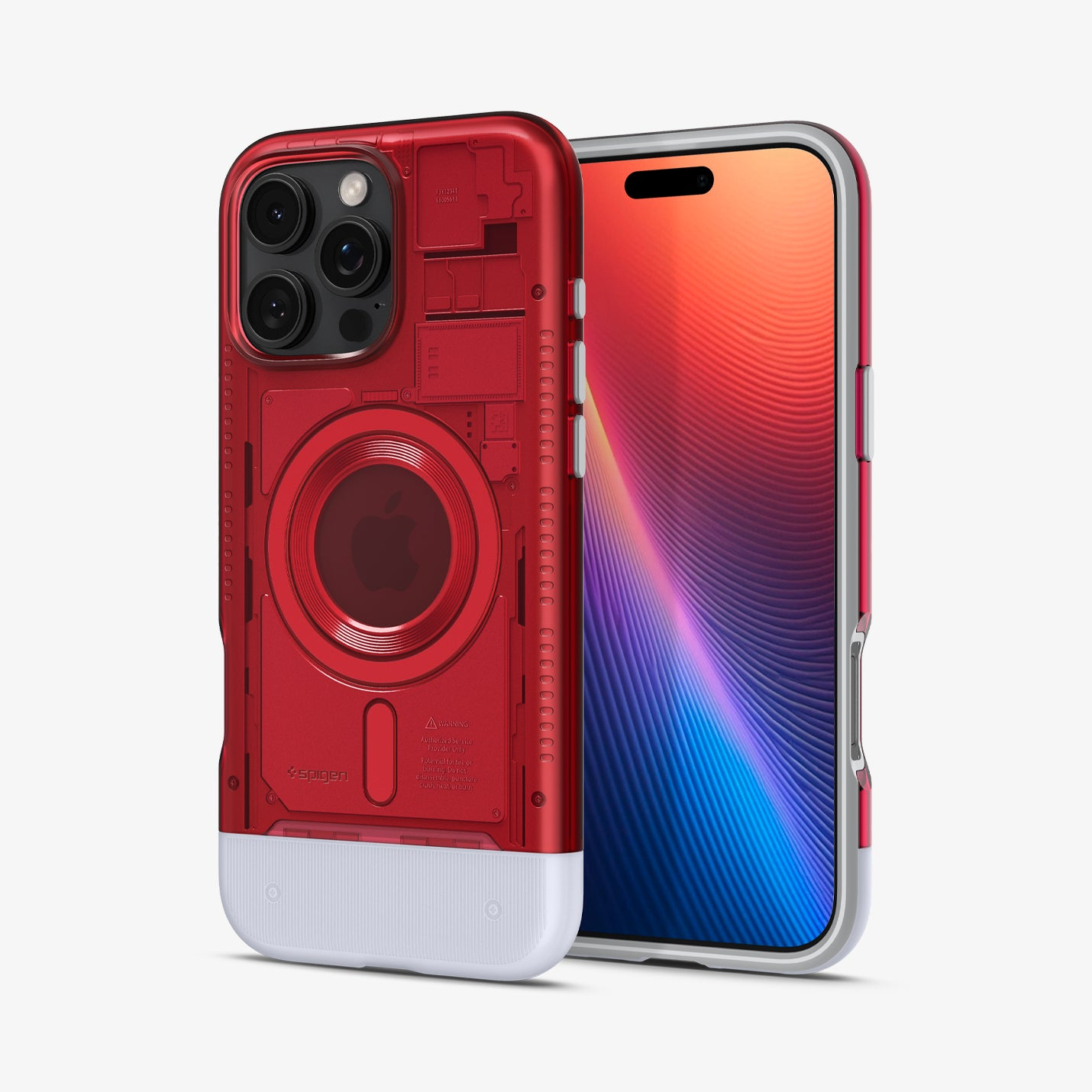 Custodia per telefono rossa e bianca accanto a un telefono. La custodia ha un design a vista che mostra i componenti interni del telefono.