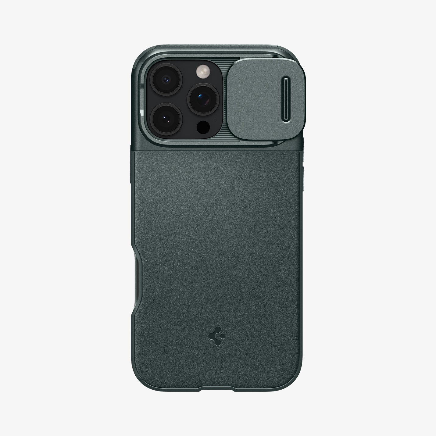 Una custodia per telefono verde scuro con copriobiettivo. La custodia ha una finitura strutturata e il logo Spigen.