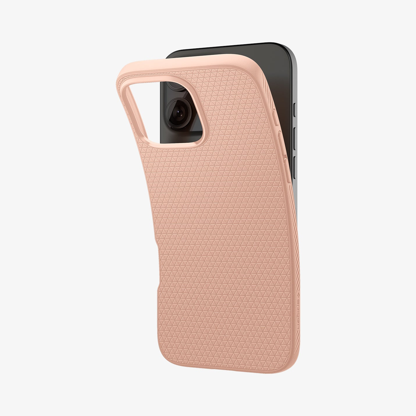 Una custodia color pesca copre parzialmente uno smartphone nero. La custodia ha una superficie strutturata con un motivo geometrico.