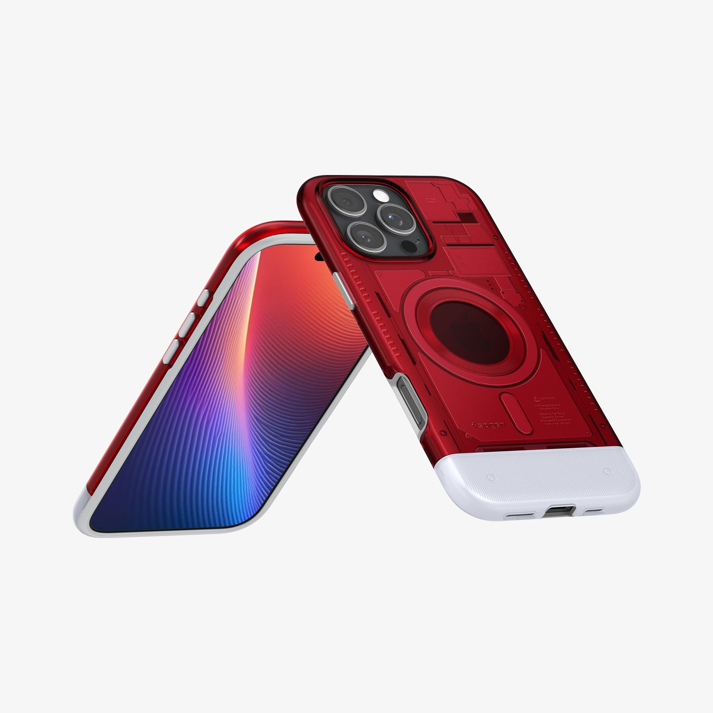 Una custodia rossa e un telefono con schermo colorato su sfondo bianco. La custodia ha una base bianca.