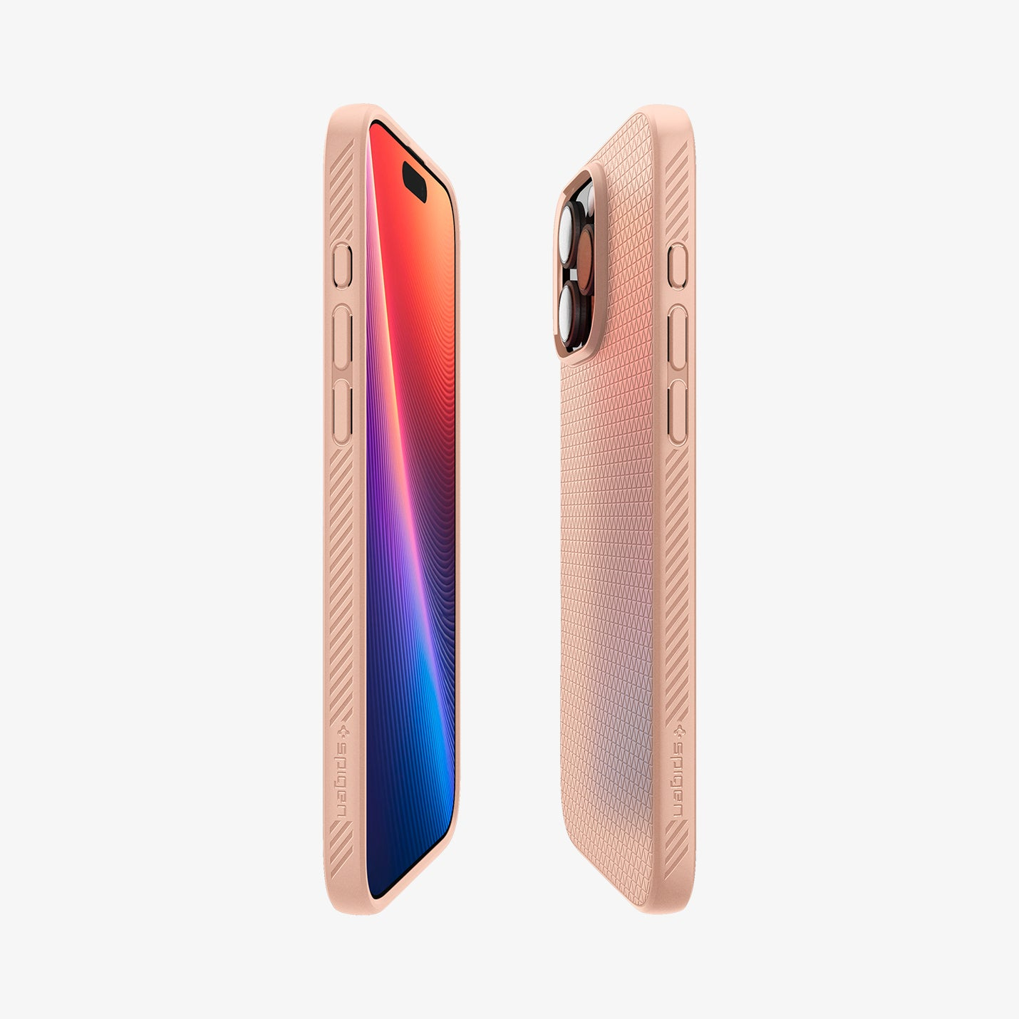 Due custodie per iPhone color pesca, una che mostra lo schermo con uno sfondo colorato, l'altra che mostra la fotocamera e il retro.