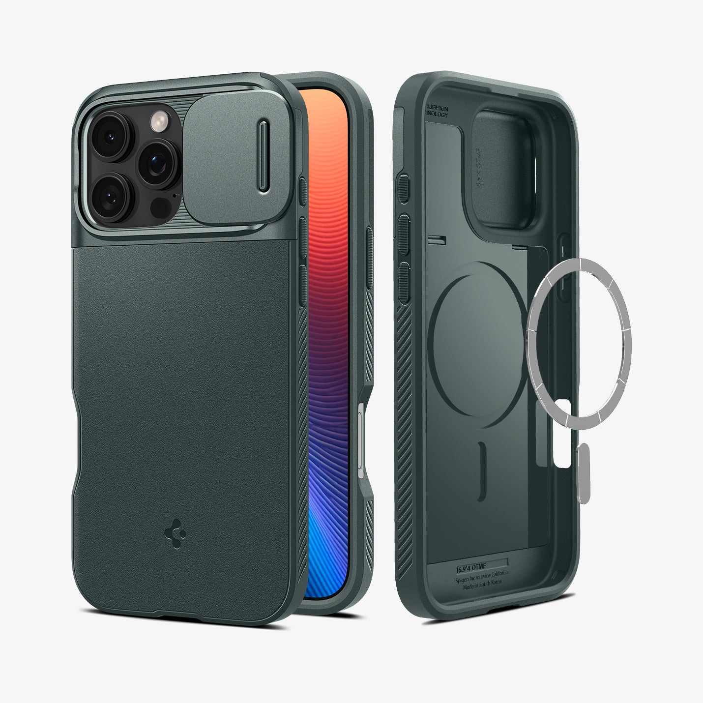 Custodia per telefono verde scuro con copertura per fotocamera, aperta sul lato che mostra uno schermo del telefono. La custodia ha un anello e testo.