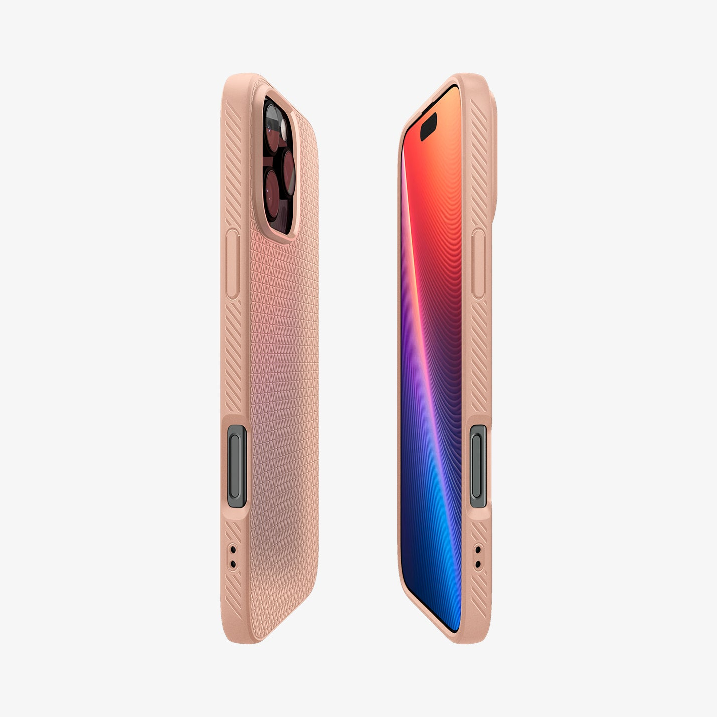 Due custodie rosa per telefono, una con schermo colorato, sono esposte su sfondo bianco. Le custodie hanno un design strutturato.