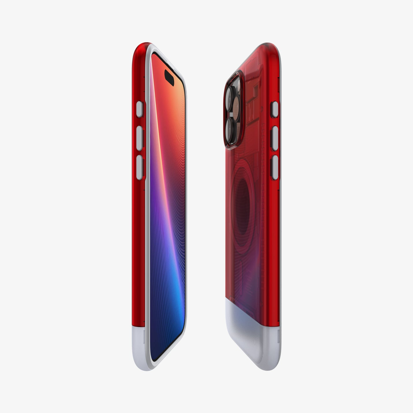 Due smartphone con custodie rosse e dettagli argentati sono esposti. Uno mostra uno schermo colorato, l'altro le fotocamere posteriori.
