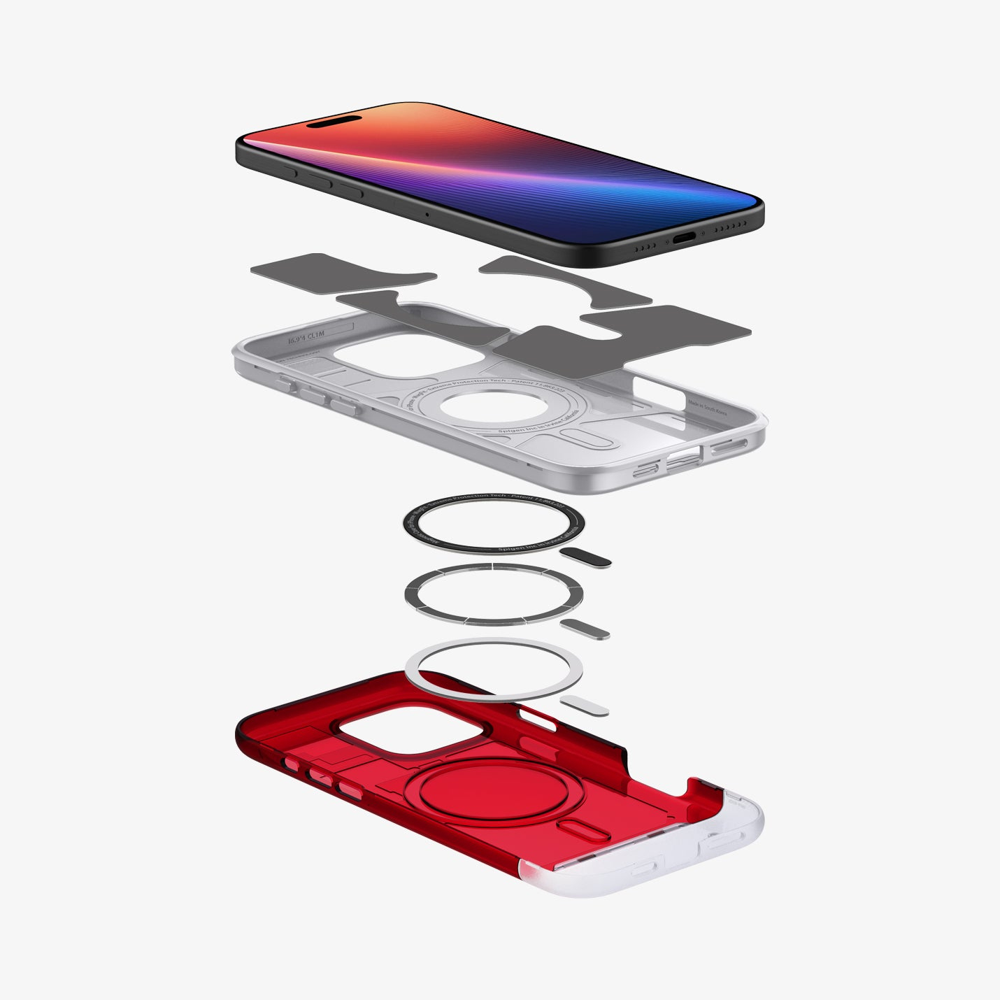 Vista esplosa di un telefono e dei suoi componenti della custodia, che mostra il telefono, gli strati protettivi e la custodia rossa e bianca.