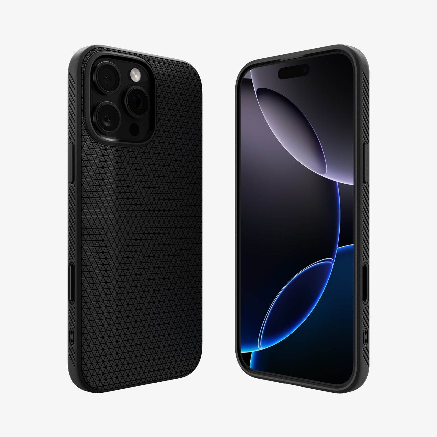 Due smartphone neri con custodie. Uno mostra il retro con le fotocamere, l'altro uno schermo con un design curvo e una luce blu.