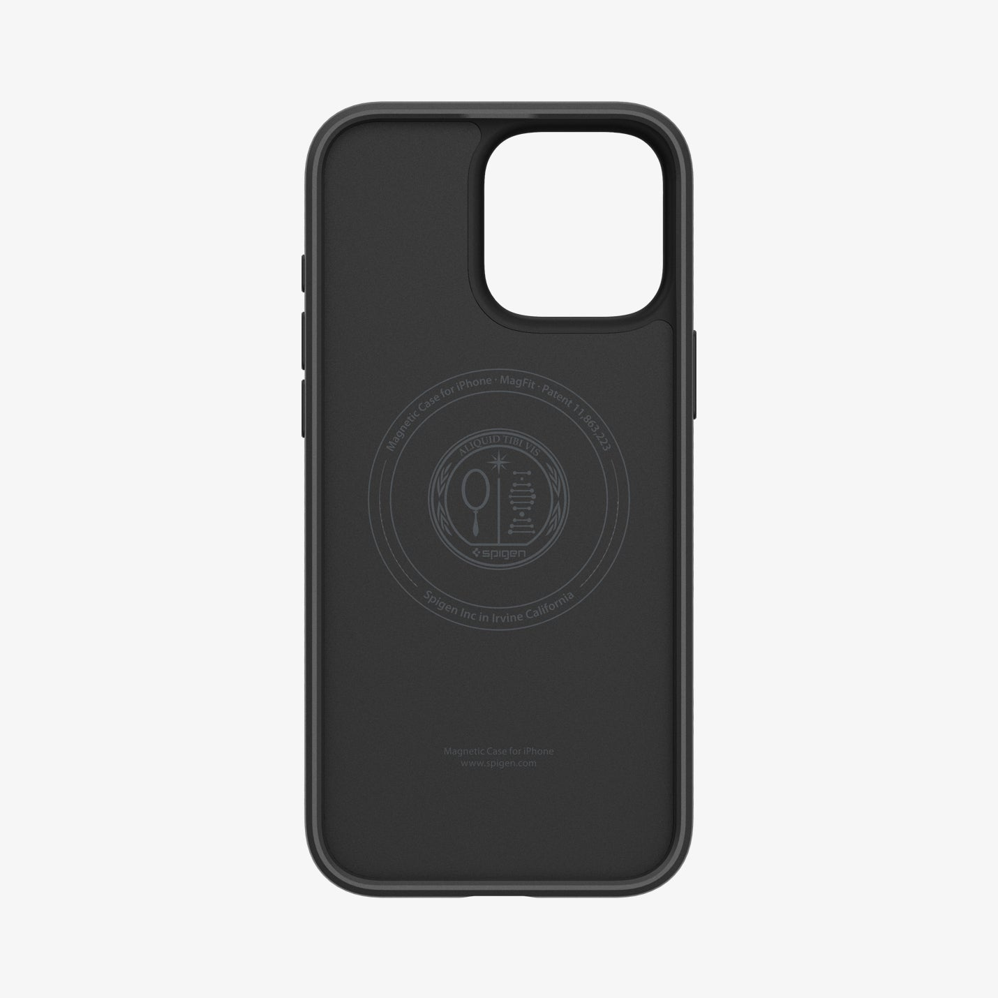 Custodia nera per iPhone. La custodia ha un design magnetico con il marchio Spigen visibile. Lo sfondo è bianco.