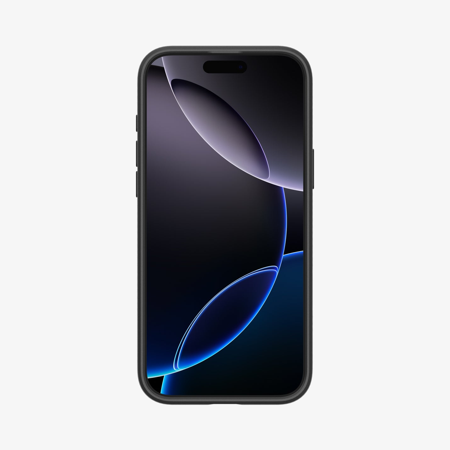 Uno smartphone nero con uno sfondo astratto blu scuro e viola. Il telefono è su uno sfondo bianco.