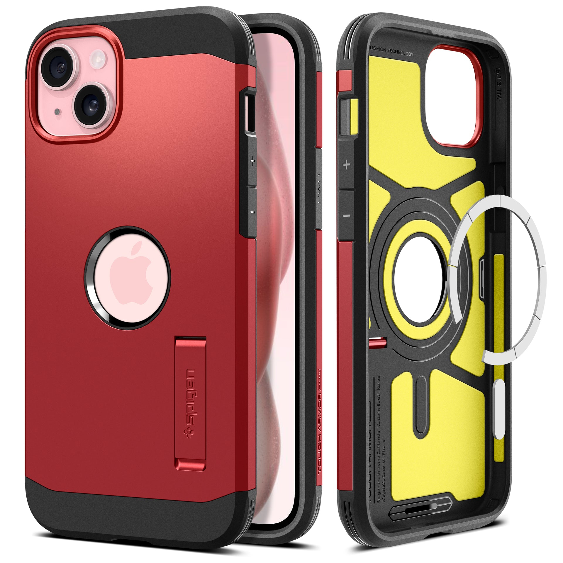 Custodia per telefono rossa e nera con interno giallo. La custodia ha un supporto e un ritaglio del logo Apple.