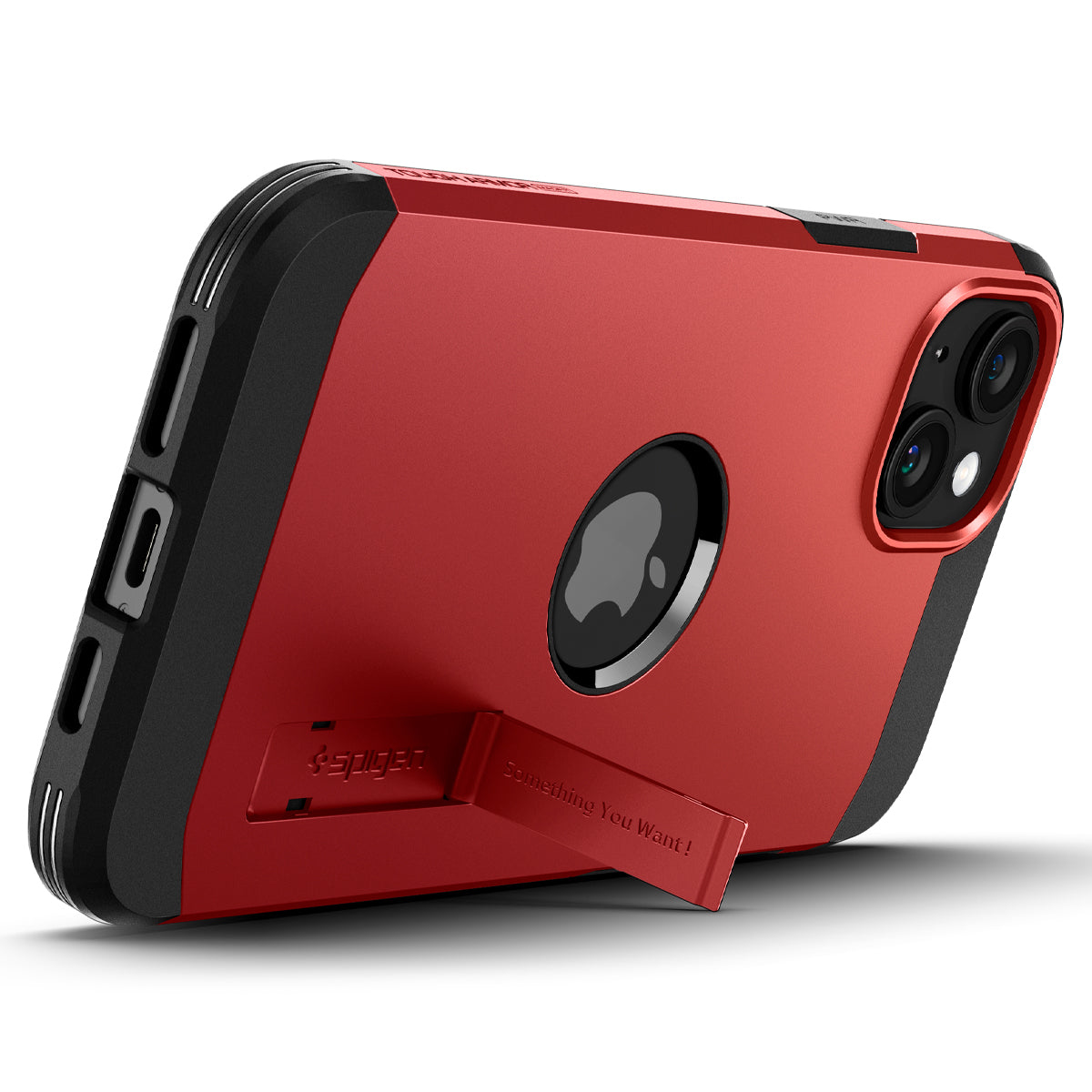 Custodia per telefono rossa e nera con supporto, che mostra la fotocamera e il logo Apple. La custodia è del marchio Spigen.