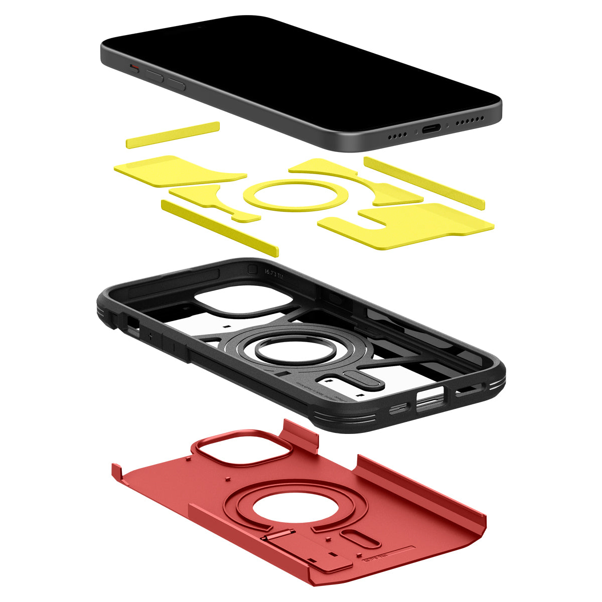 Vista esplosa di un telefono, parti gialle della custodia, custodia nera, fondo custodia rosso e un telefono nero su sfondo bianco.