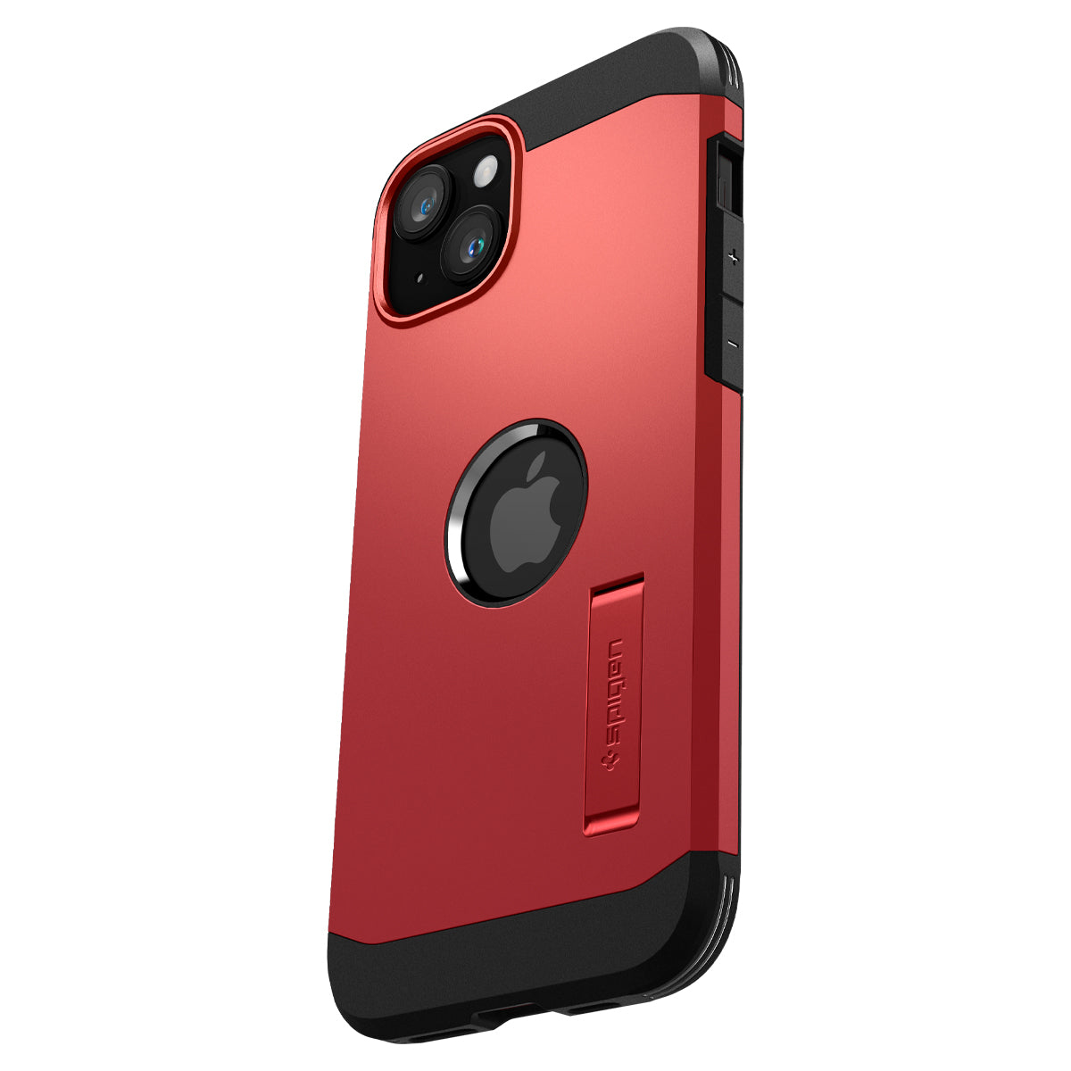 Custodia per iPhone rossa e nera. Presenta ritagli per la fotocamera, il logo Apple e un'etichetta Spigen. La custodia è angolata verso destra.