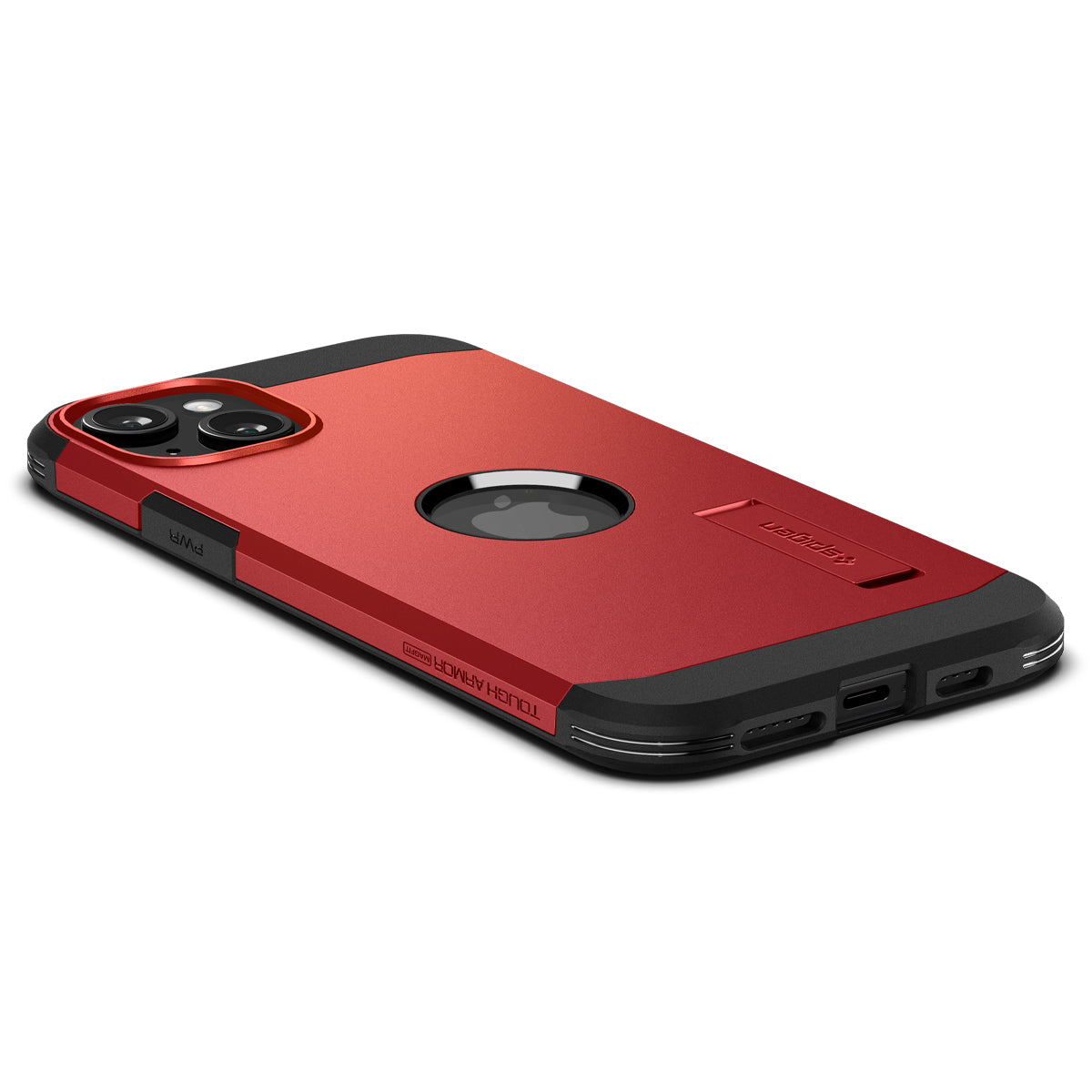 Custodia per iPhone rossa e nera. La custodia ha un retro rosso, bordi neri e un ritaglio per la fotocamera. Il logo Apple è visibile.