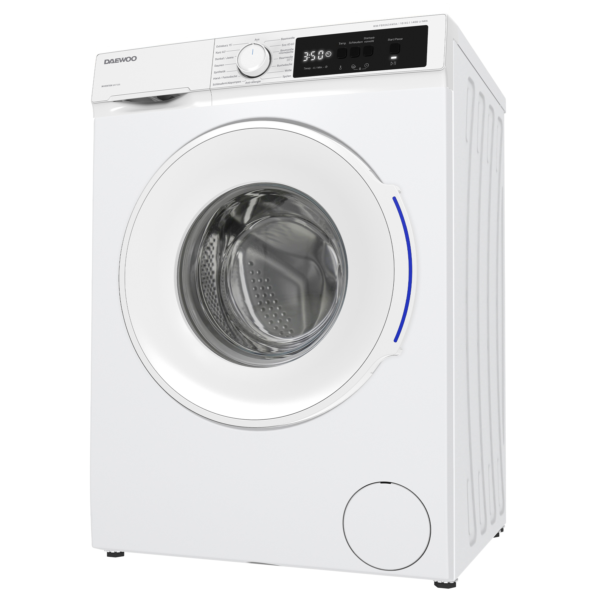 Eine weiße Daewoo Waschmaschine mit digitaler Anzeige 3:50. Sie hat eine runde Tür und ein Bedienfeld mit verschiedenen Einstellungen.