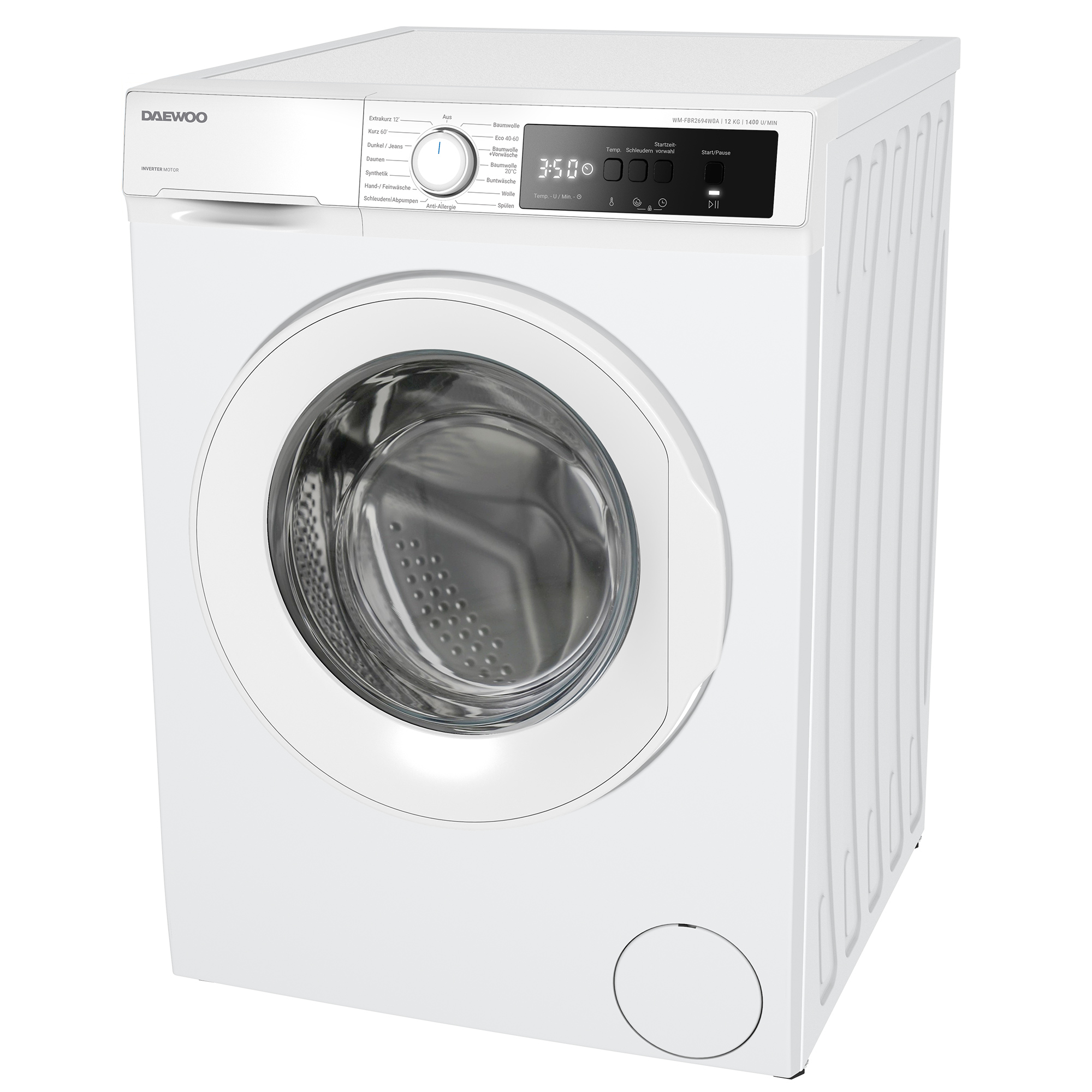 Weiße Daewoo Waschmaschine mit runder Tür und Bedienfeld. Mit Knöpfen, einem Drehregler und einer Digitalanzeige.