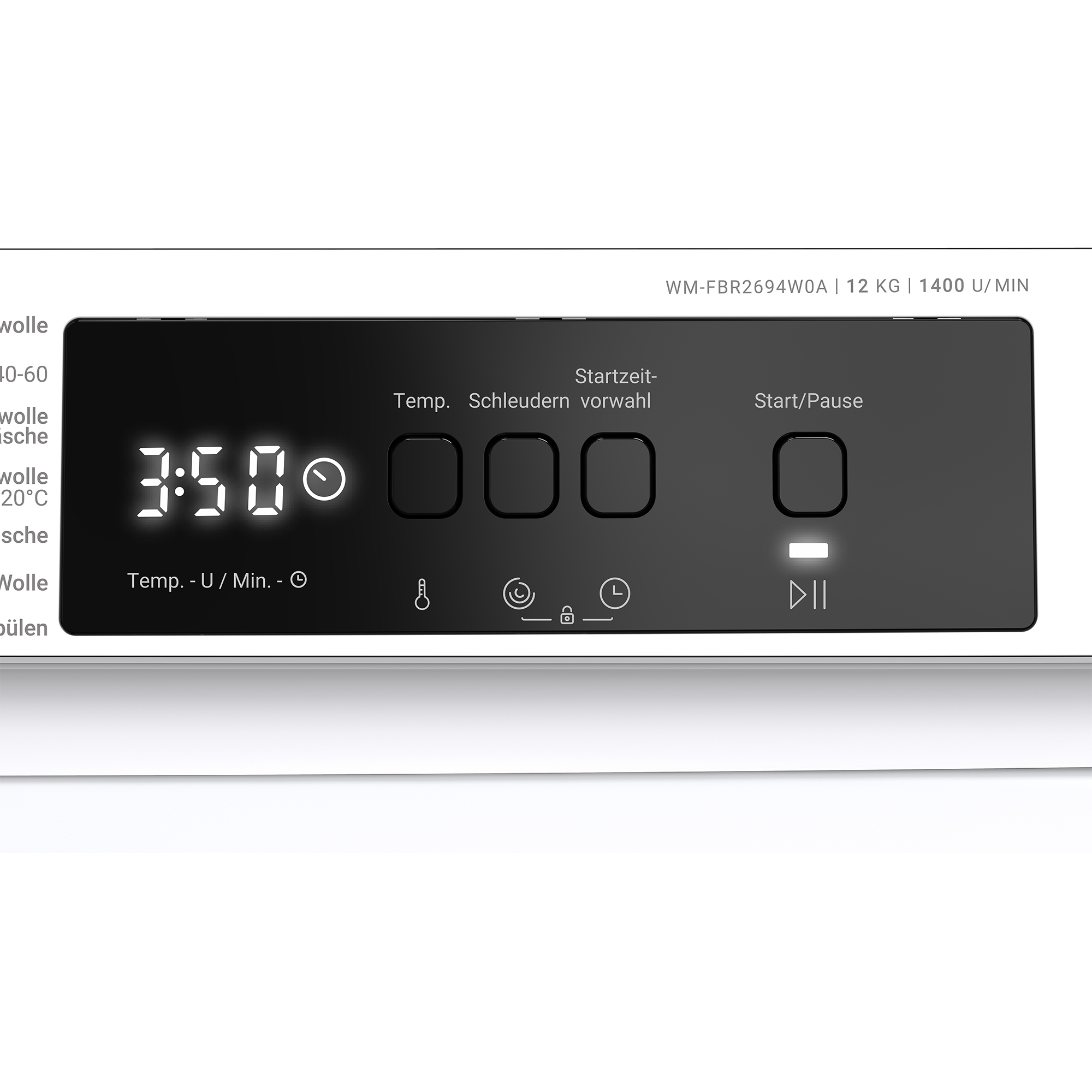 Waschmaschinen-Bedienfeld mit Digitalanzeige 3:50. Tasten für Temperatur, Schleudern, Startzeit und Start/Pause sind sichtbar.