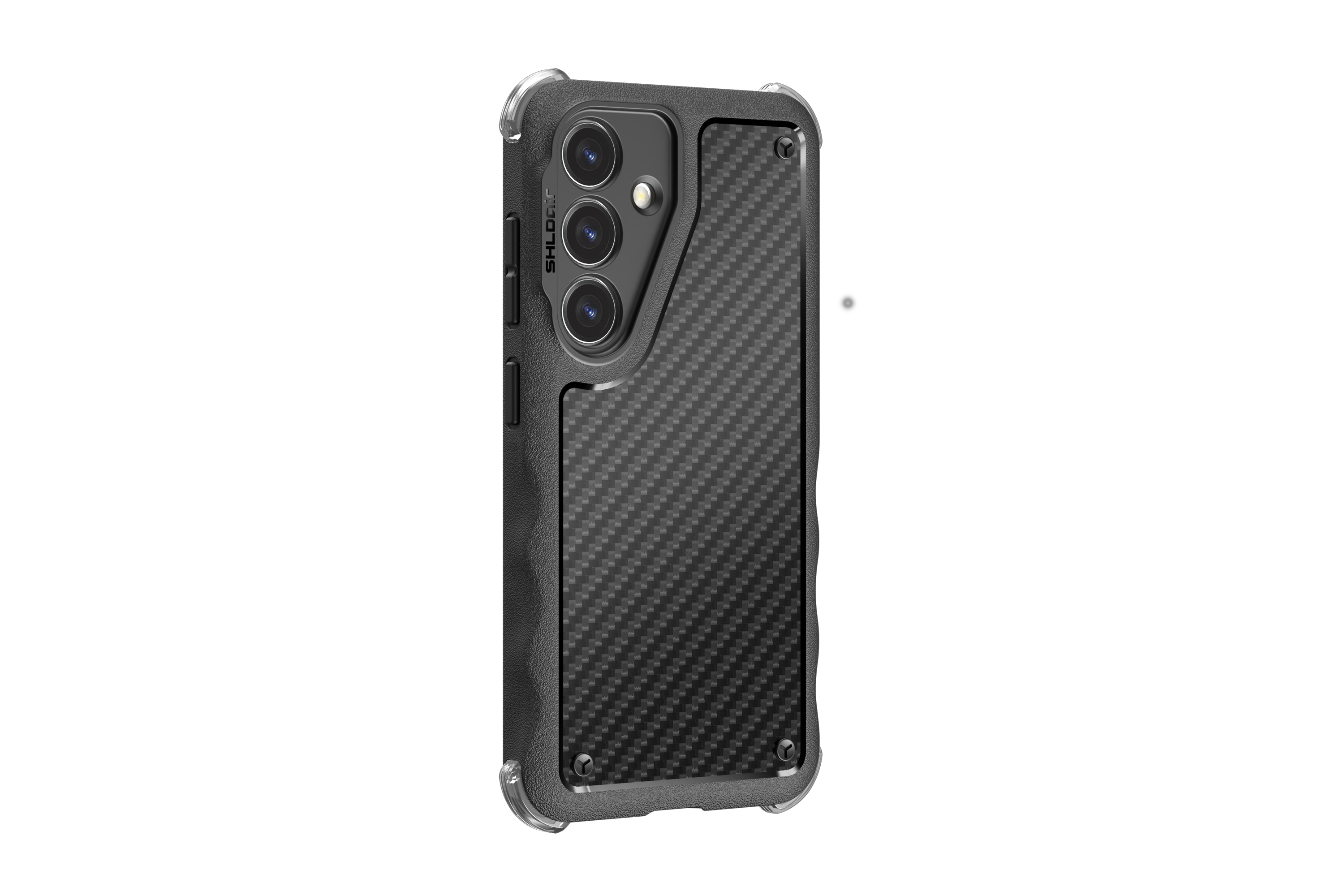 Custodia nera per telefono con texture in fibra di carbonio. Ha tre lenti e un bordo trasparente su sfondo bianco.
