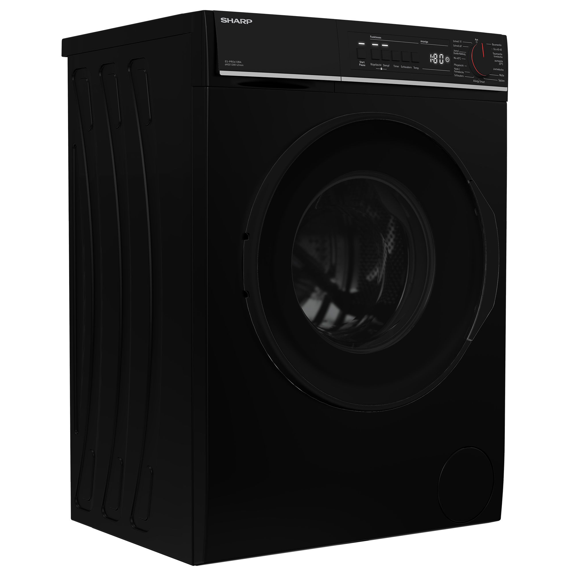 Schwarze Sharp Waschmaschine. Merkmale sind Start/Pause, Temperaturregelung und verschiedene Wascheinstellungen.