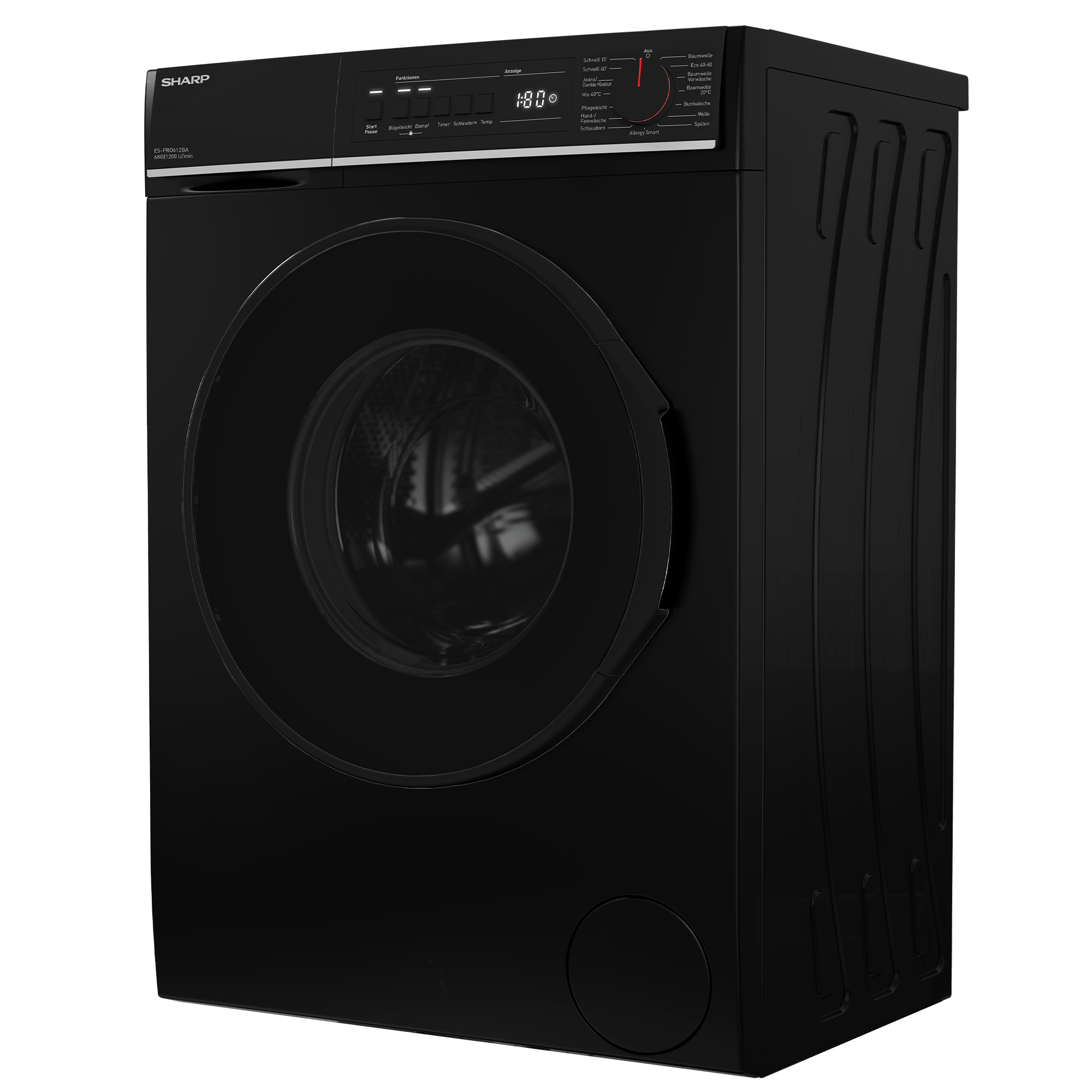 Schwarze SHARP Waschmaschine. Sie hat eine Digitalanzeige und verschiedene Waschoptionen. Die Tür ist rund und dunkel.