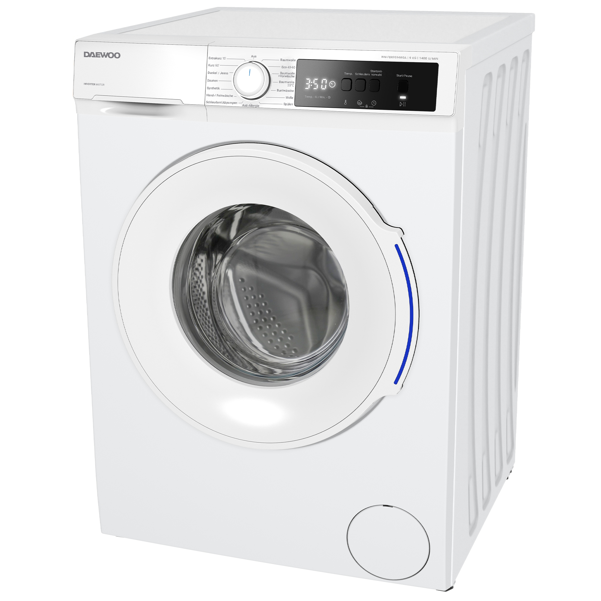 Weiße Daewoo Waschmaschine. Mit Digitalanzeige und verschiedenen Programmen. Die Tür hat einen blauen Akzent.