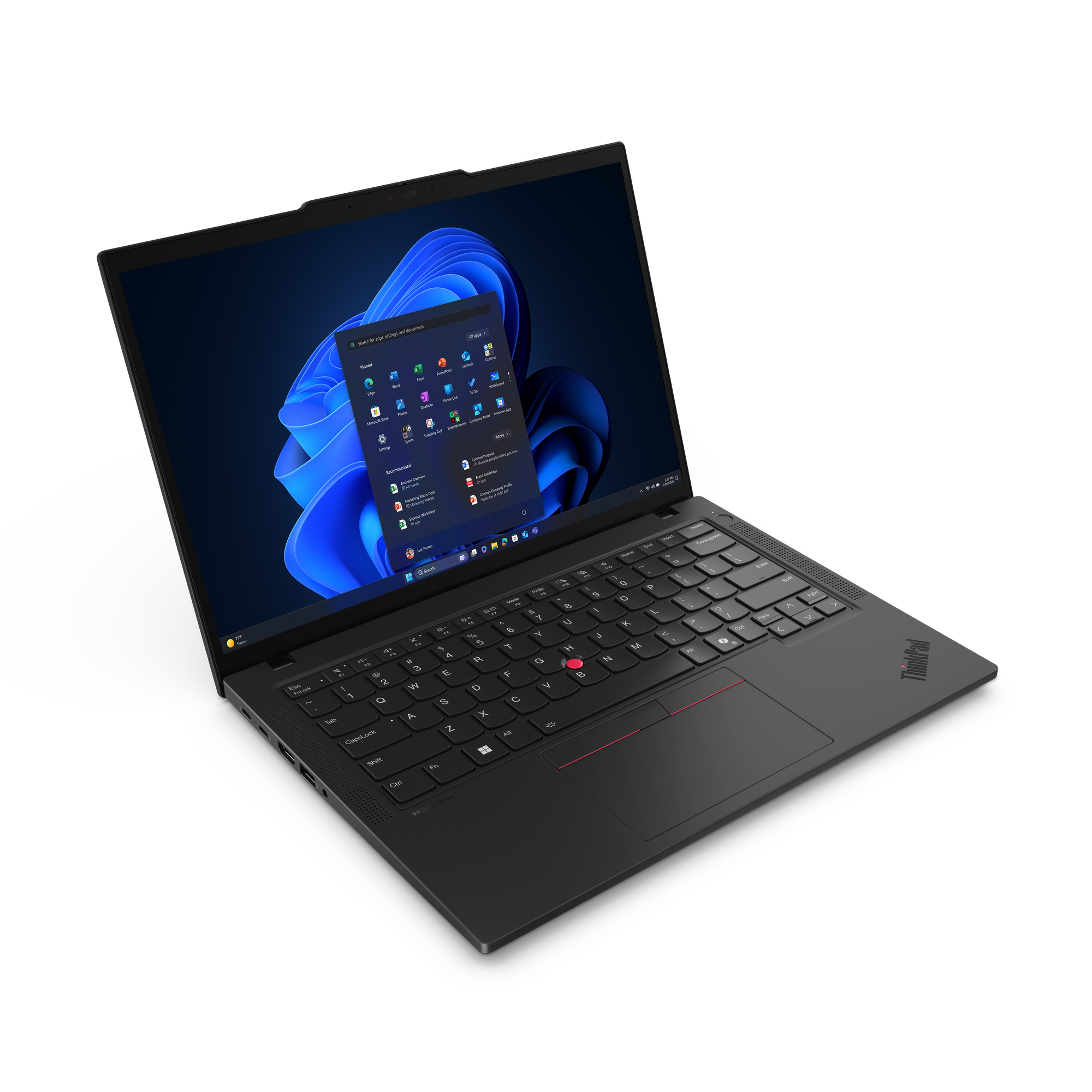 Czarny laptop ThinkPad otwarty, z Windows 11. Widoczna klawiatura, touchpad i ekran, na białym tle.