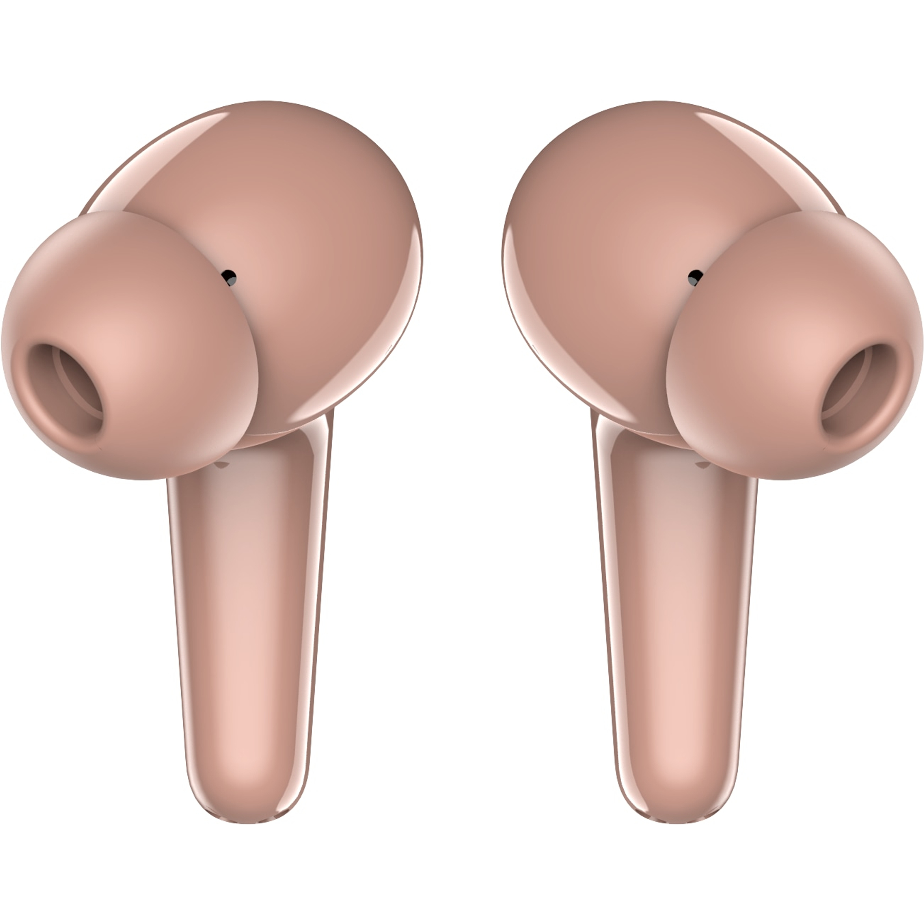 Due auricolari color oro rosa su sfondo bianco. Ogni auricolare ha una forma arrotondata e un gambo. L'immagine è ben illuminata.