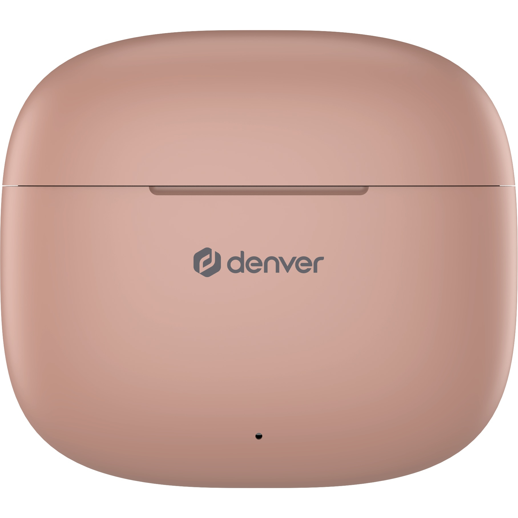 Una custodia di ricarica per auricolari arrotondata, color rosa, con il logo 'denver'. In basso c'è una piccola spia.