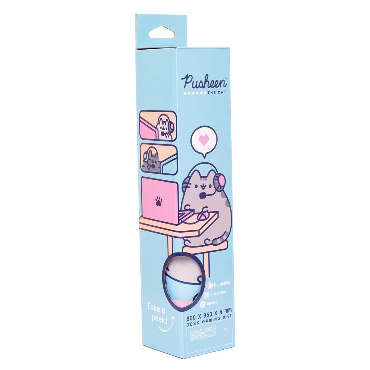 Une boîte de tapis de jeu de bureau Pusheen bleu clair. Elle présente un chat Pusheen avec un casque, un ordinateur portable rose et du texte.