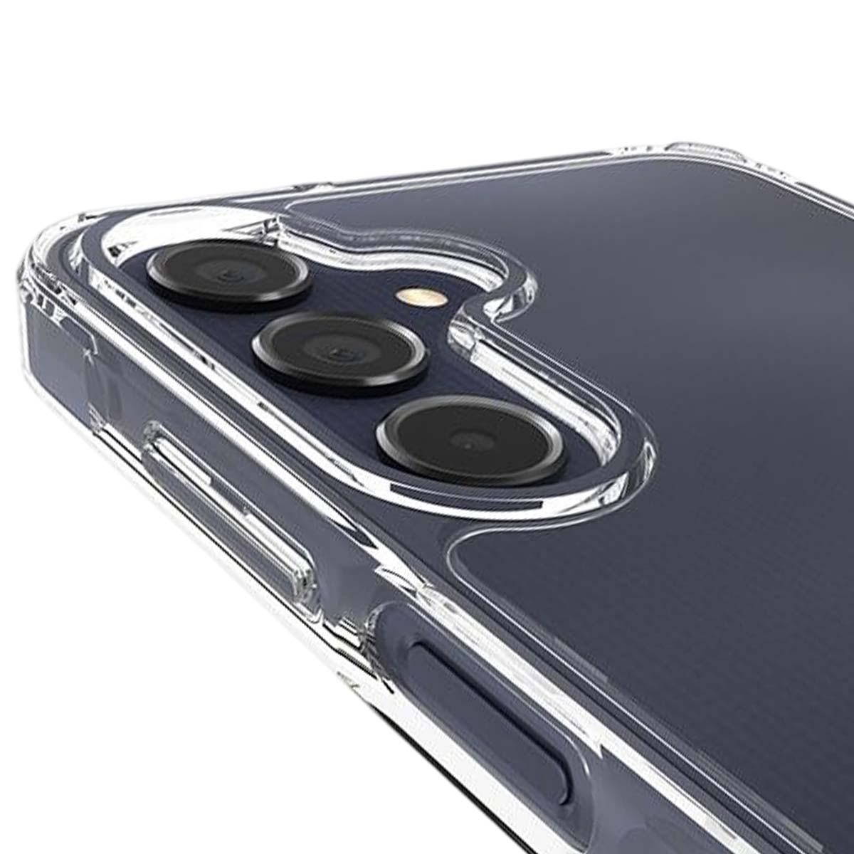 Primo piano di una custodia trasparente per telefono con tre obiettivi della fotocamera visibili. La custodia ha una finitura lucida e lo sfondo è blu scuro.