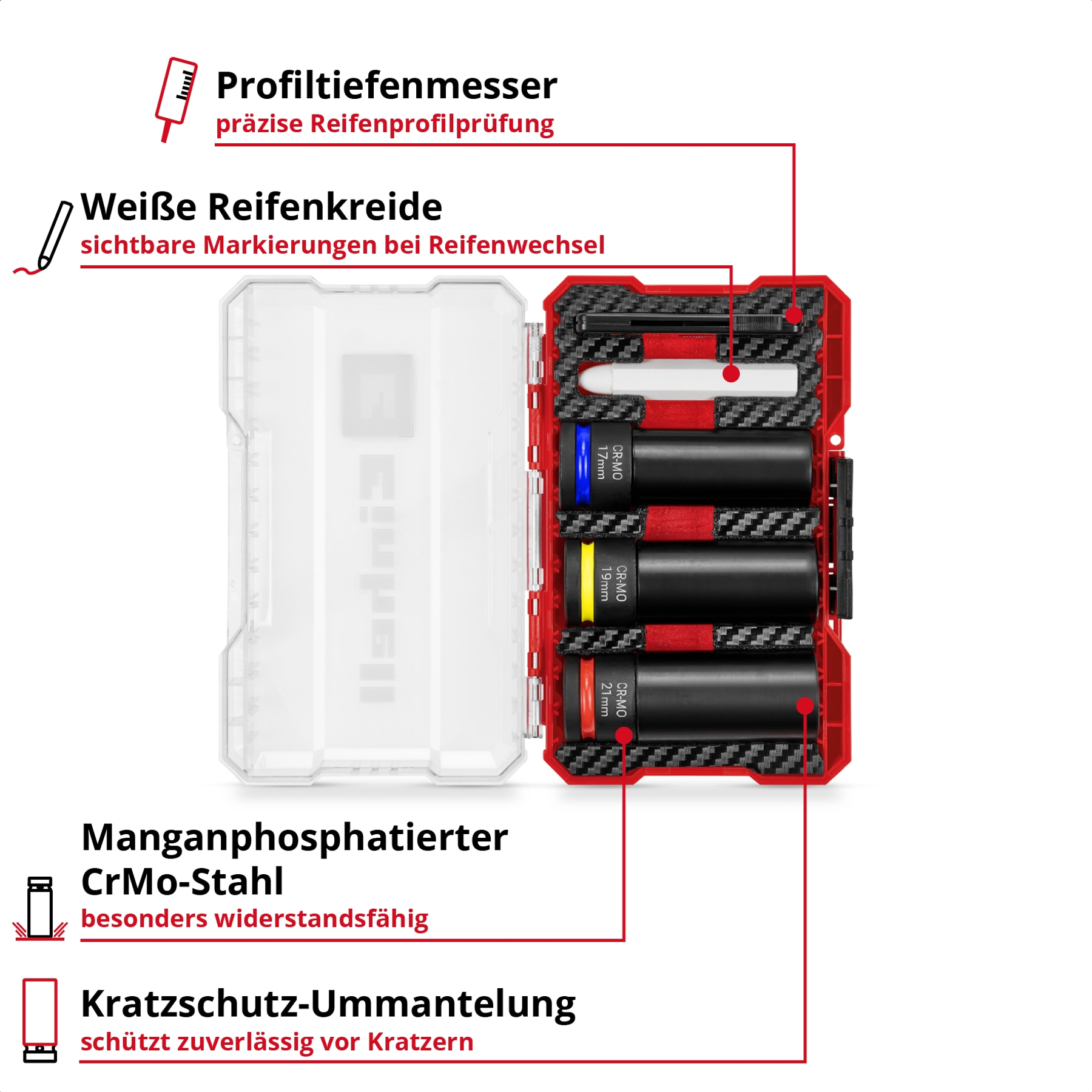 Eine offene rote Werkzeugkiste mit schwarz-weißen Werkzeugen. Sie hat deutsche Etiketten. Eine Tiefenmesslehre ist sichtbar.