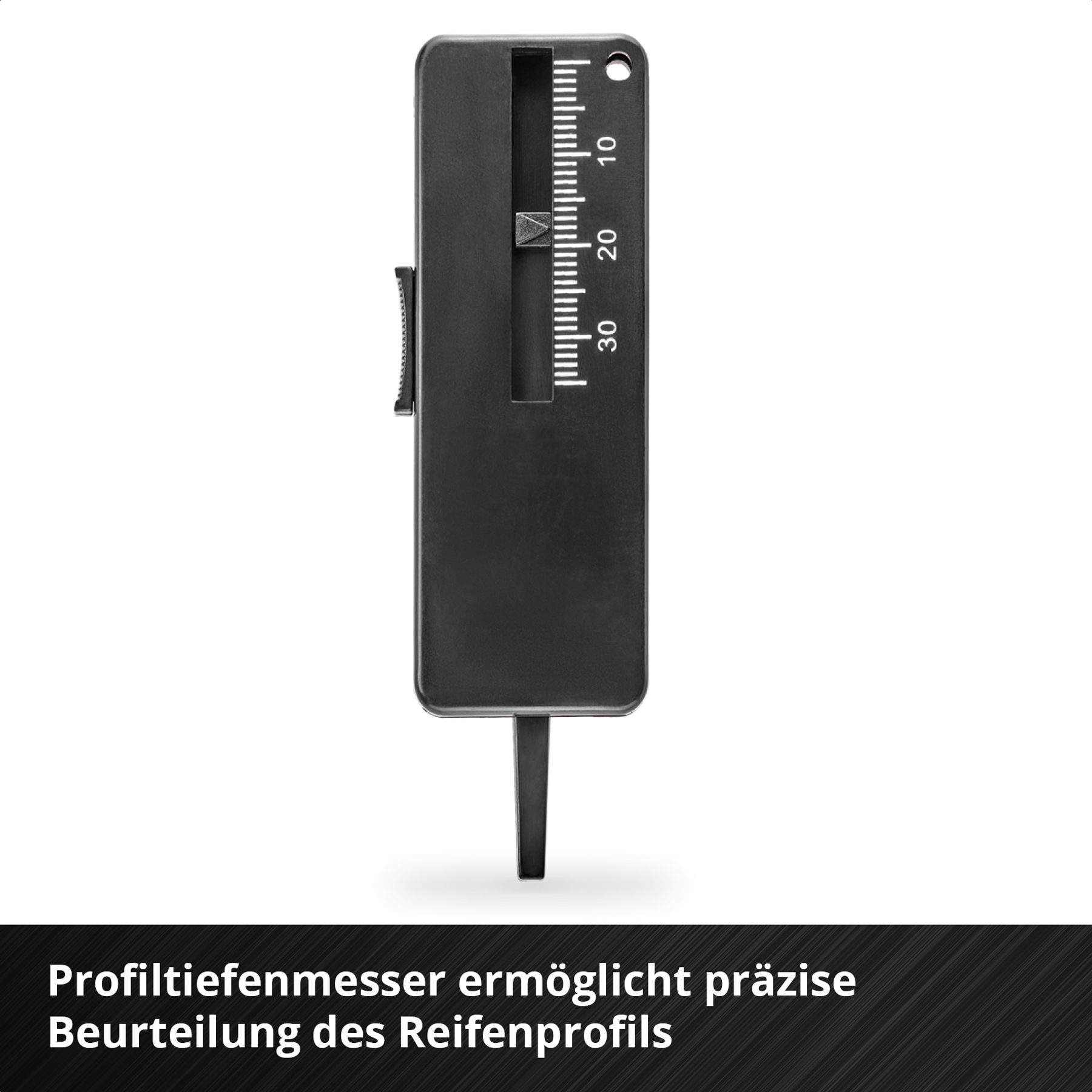 Ein schwarzes Reifenprofilmessgerät. Es wird verwendet, um die Profiltiefe zu messen. Es hat eine Skala von 0 bis 30.