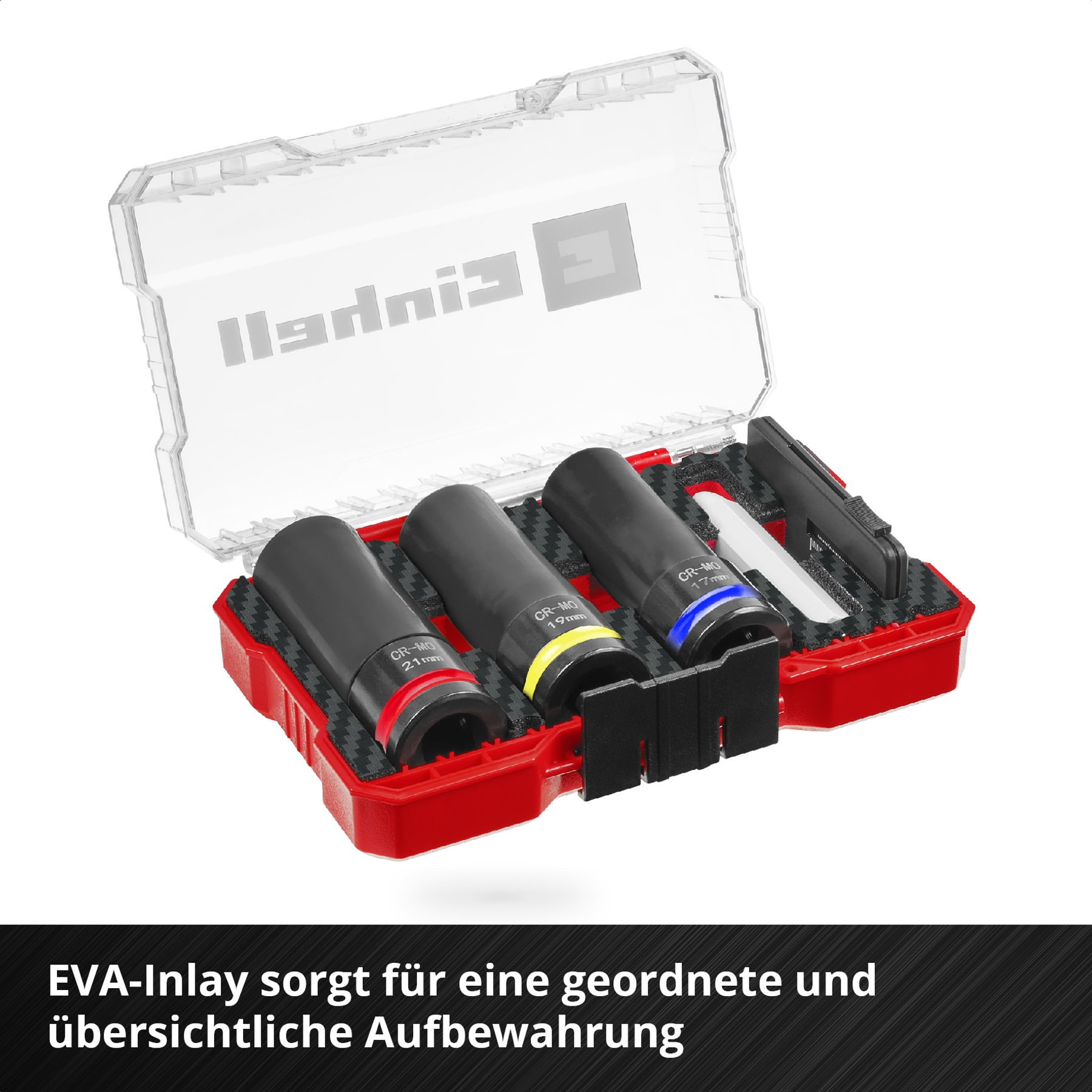 Ein Werkzeugkasten mit Steckschlüsseln in einem roten Gehäuse. Die Steckschlüssel sind schwarz mit roten, gelben und blauen Markierungen. Transparenter Deckel.