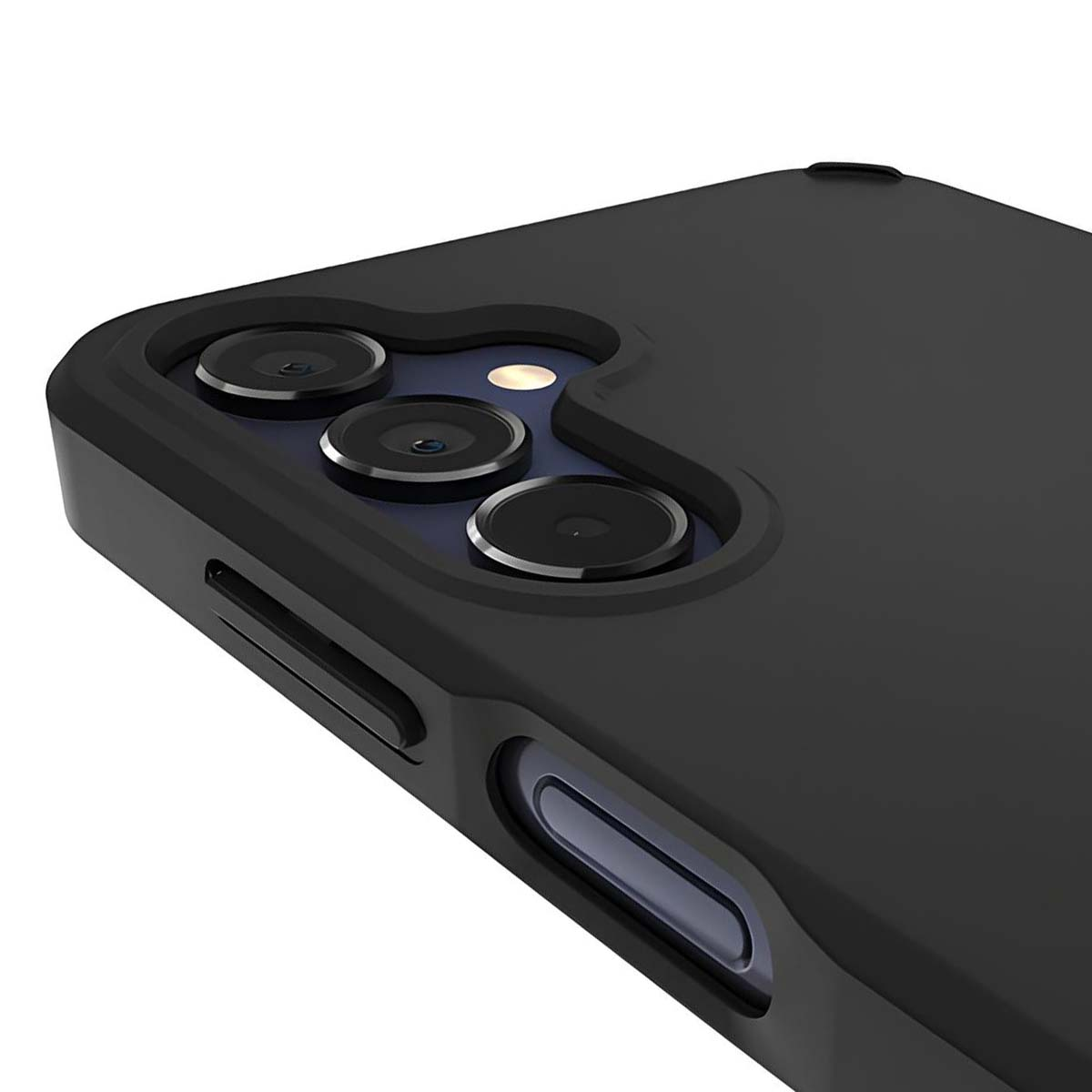Primo piano di una custodia per telefono nera. Visibili tre obiettivi della fotocamera, un flash e il lato con i pulsanti del volume e una porta di ricarica.