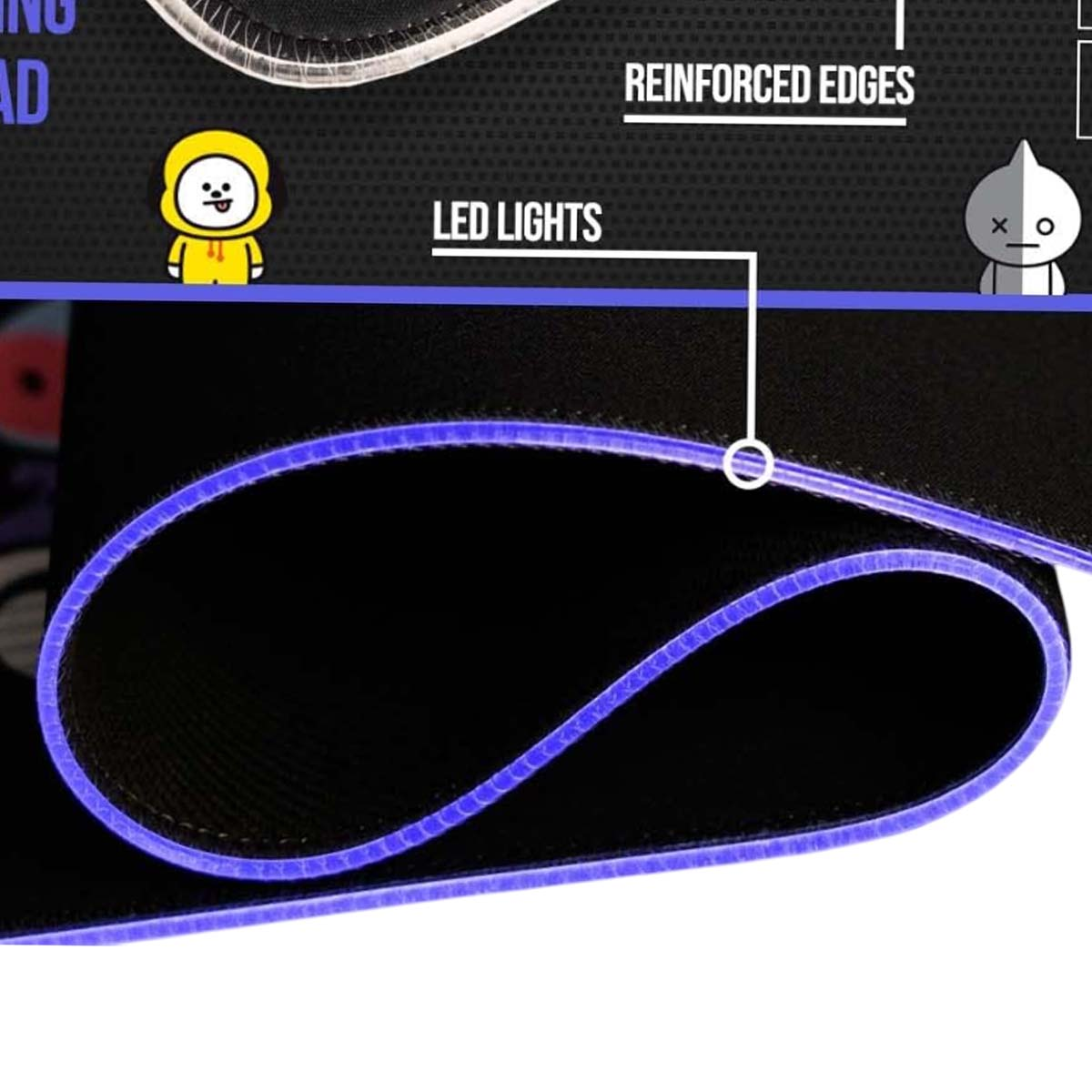 Schwarzes Mauspad mit blauem LED-Rand und Cartoonfiguren. Text: verstärkte Kanten und LED-Leuchten.