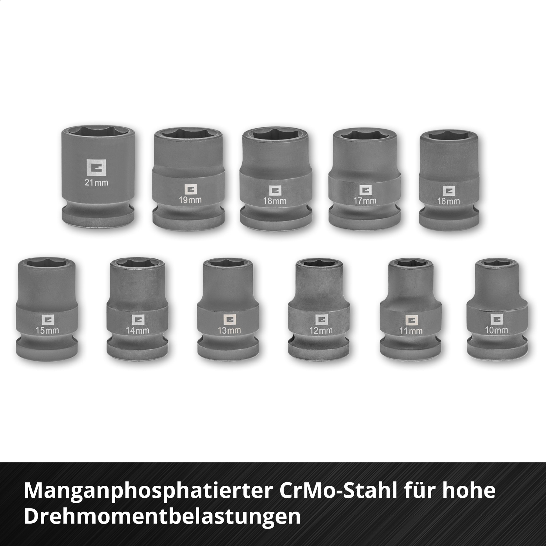 Satz grauer Steckschlüssel in verschiedenen Größen, jede in Millimetern beschriftet. Der Hintergrund ist weiß, mit Text unten.