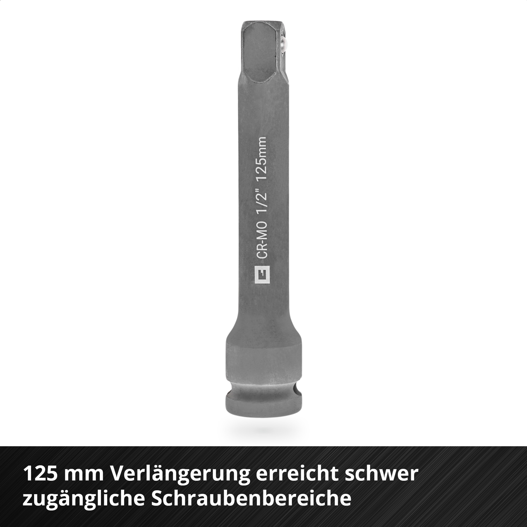 Eine 125-mm-Verlängerungsstange. Das Werkzeug ist grau mit schwarzem Text, der CR-MO 1/2 Zoll 125mm lautet.