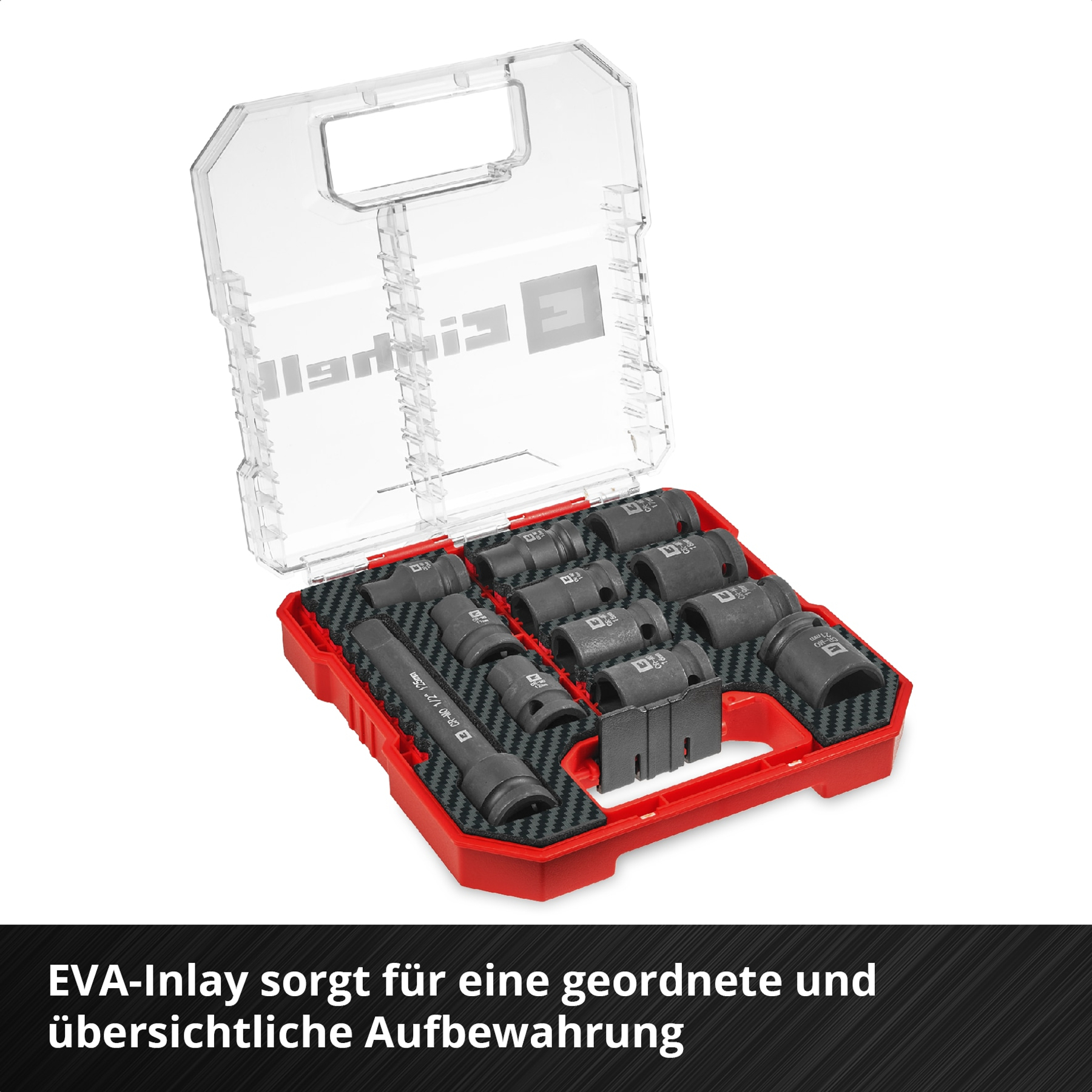 Ein Werkzeugsatz in einem roten Koffer mit transparentem Deckel. Der Satz enthält verschiedene schwarze Steckschlüssel und Verlängerungen.